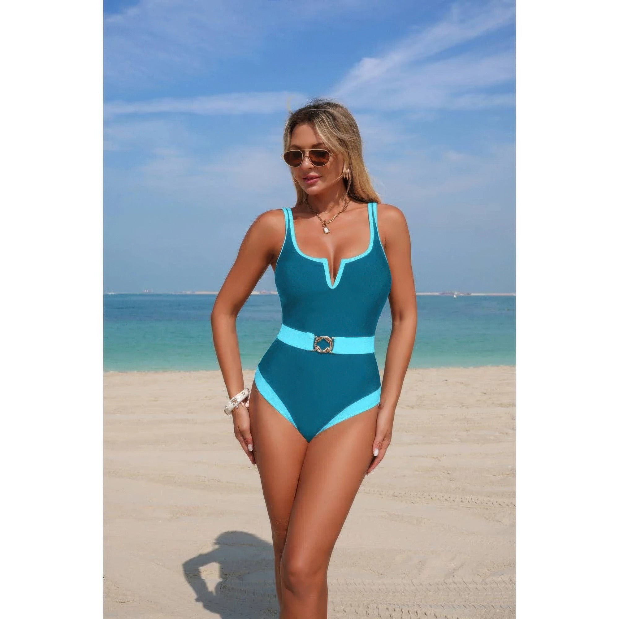One Piece Color Block Metal Buckle Belt Swimsuit product image