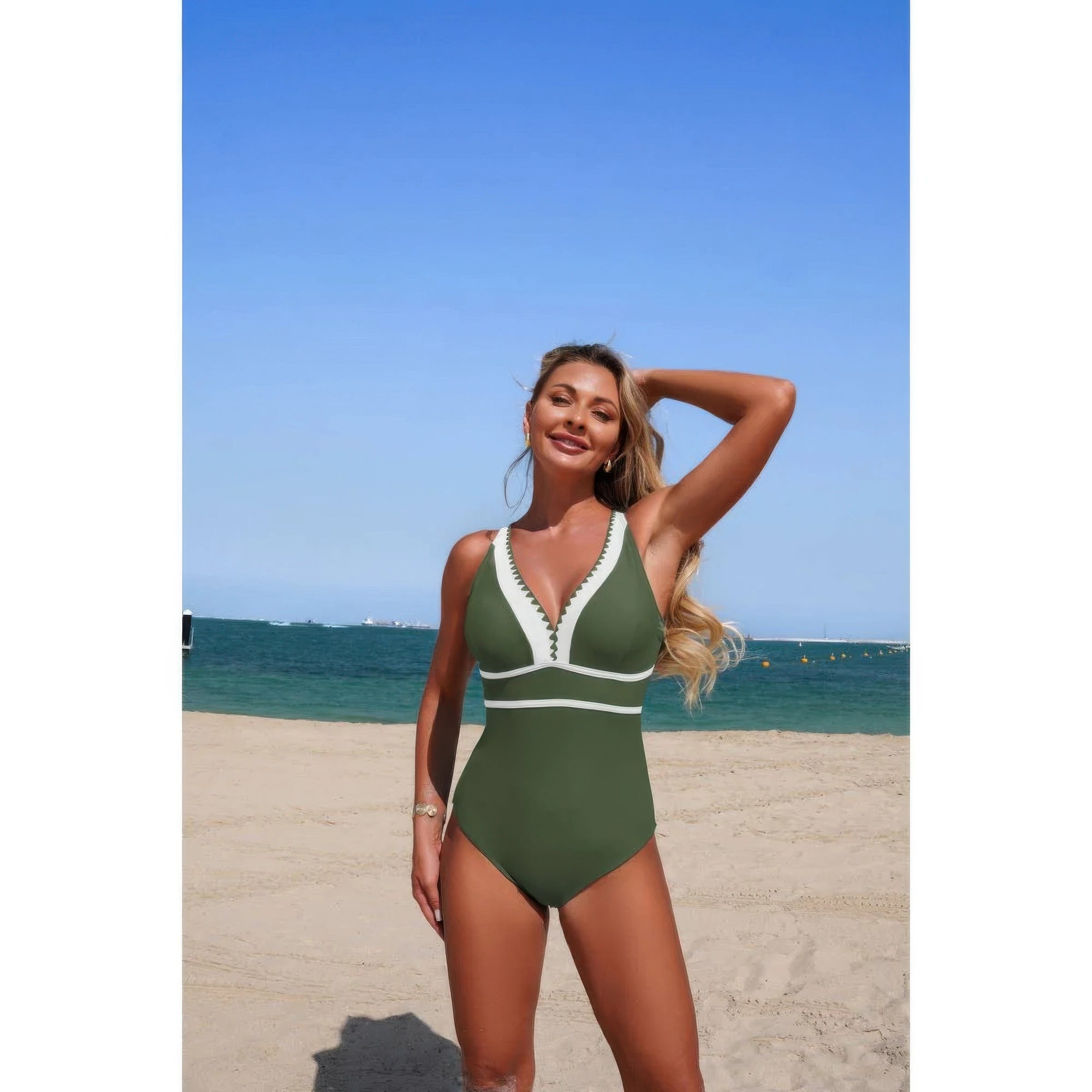 One Piece Color Block V Neck Stretch Swimsuit product image