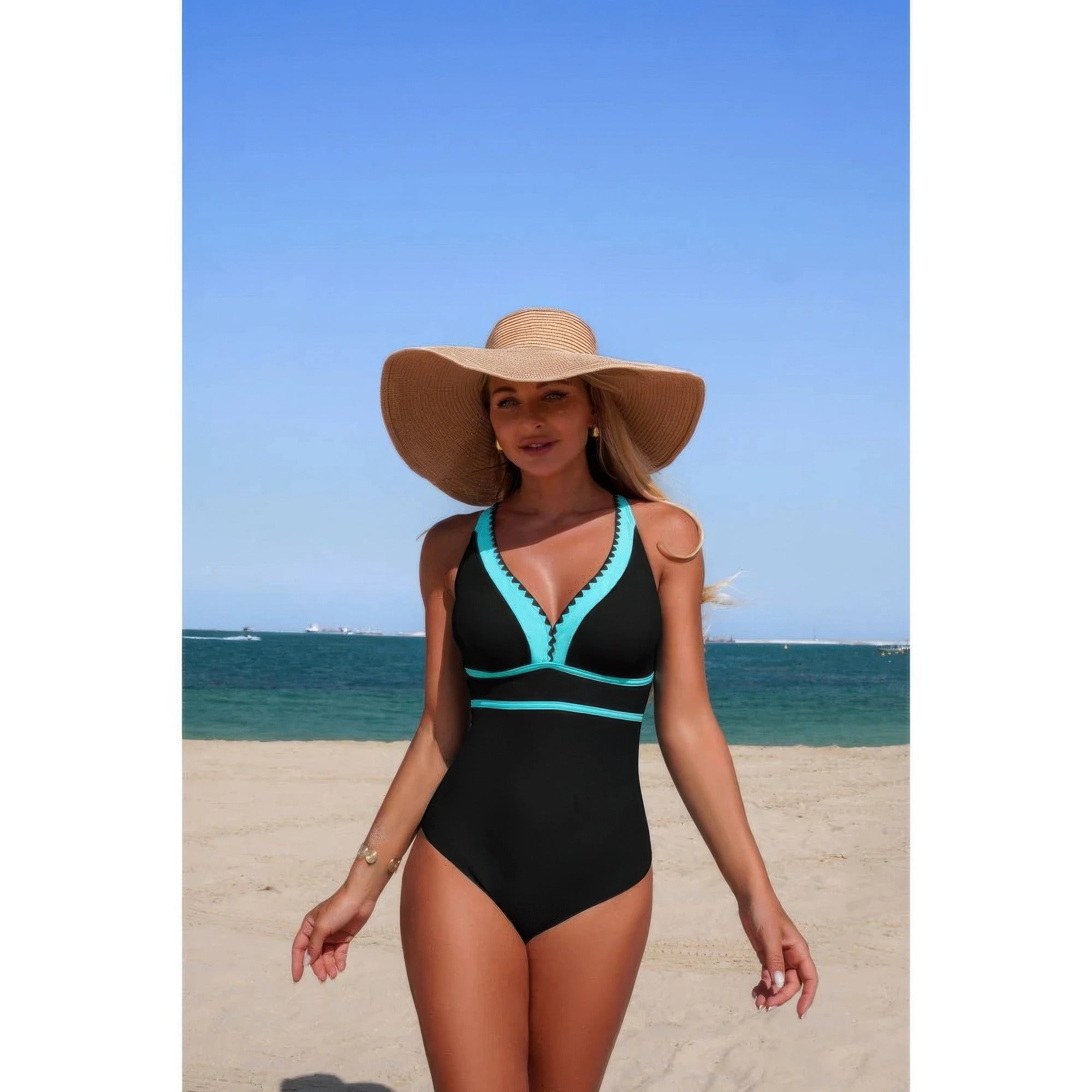 One Piece Color Block V Neck Stretch Swimsuit product image