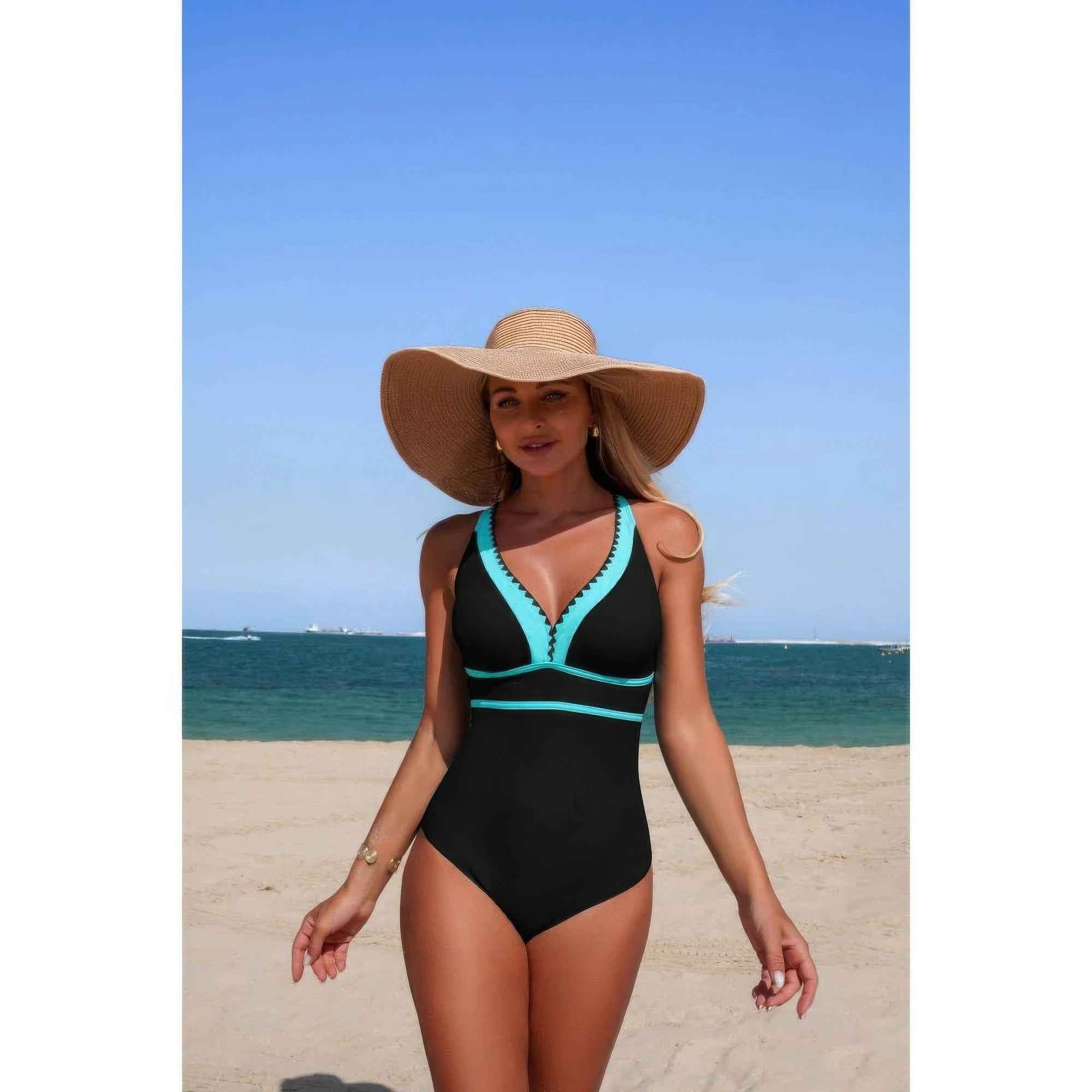 One Piece Color Block V Neck Stretch Swimsuit One Piece Color Block V Neck Stretch Swimsuit