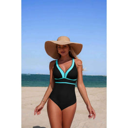 One Piece Color Block V Neck Stretch Swimsuit
