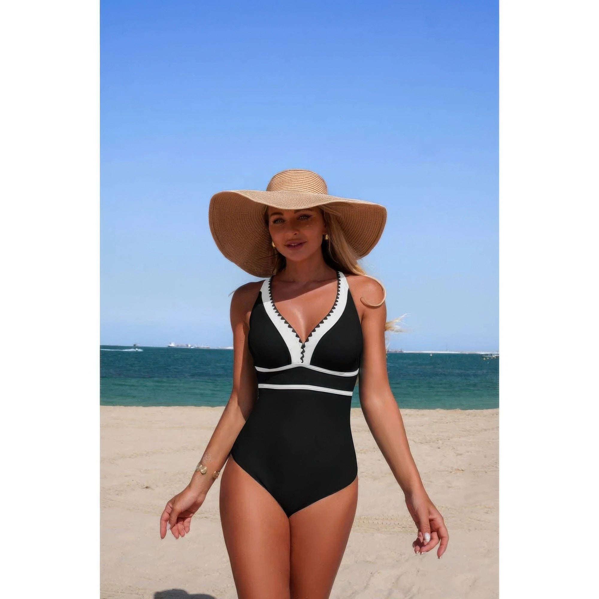 One Piece Color Block V Neck Stretch Swimsuit product image