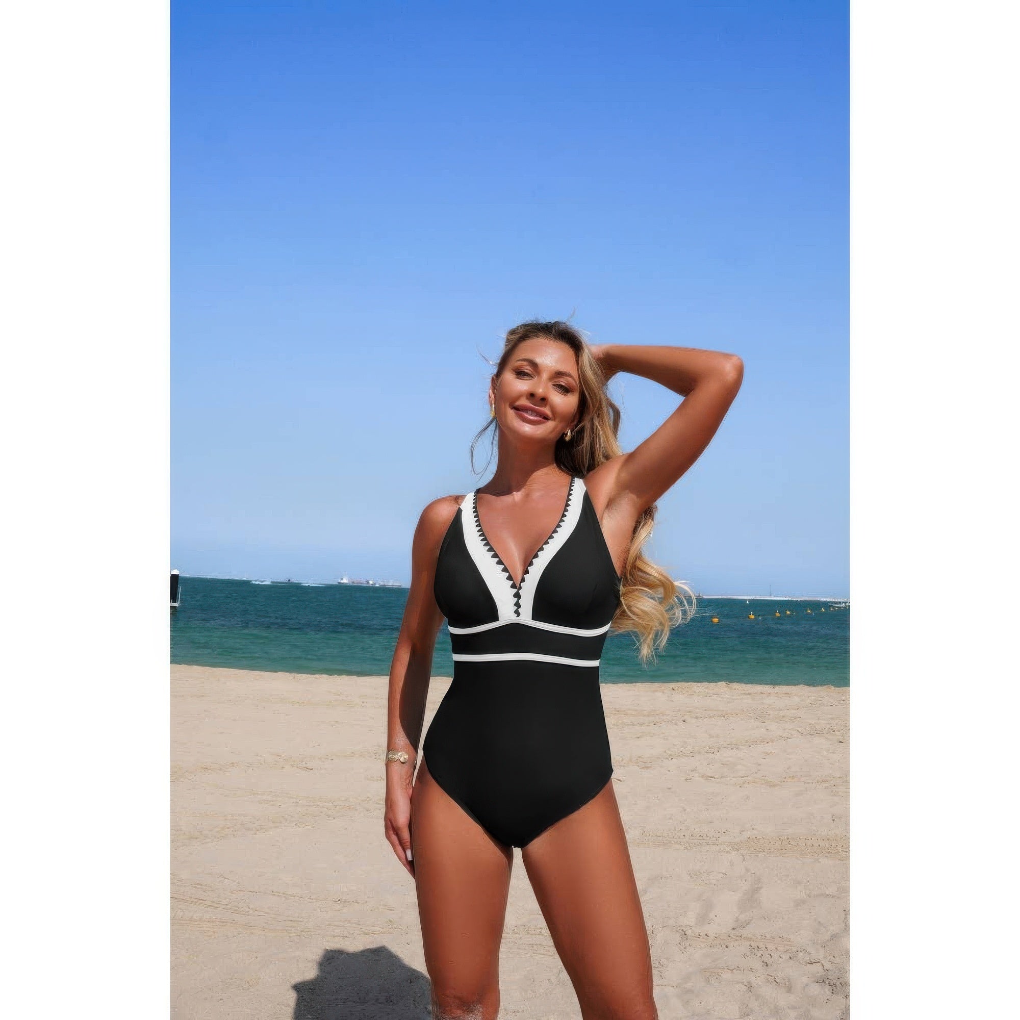 One Piece Color Block V Neck Stretch Swimsuit product image