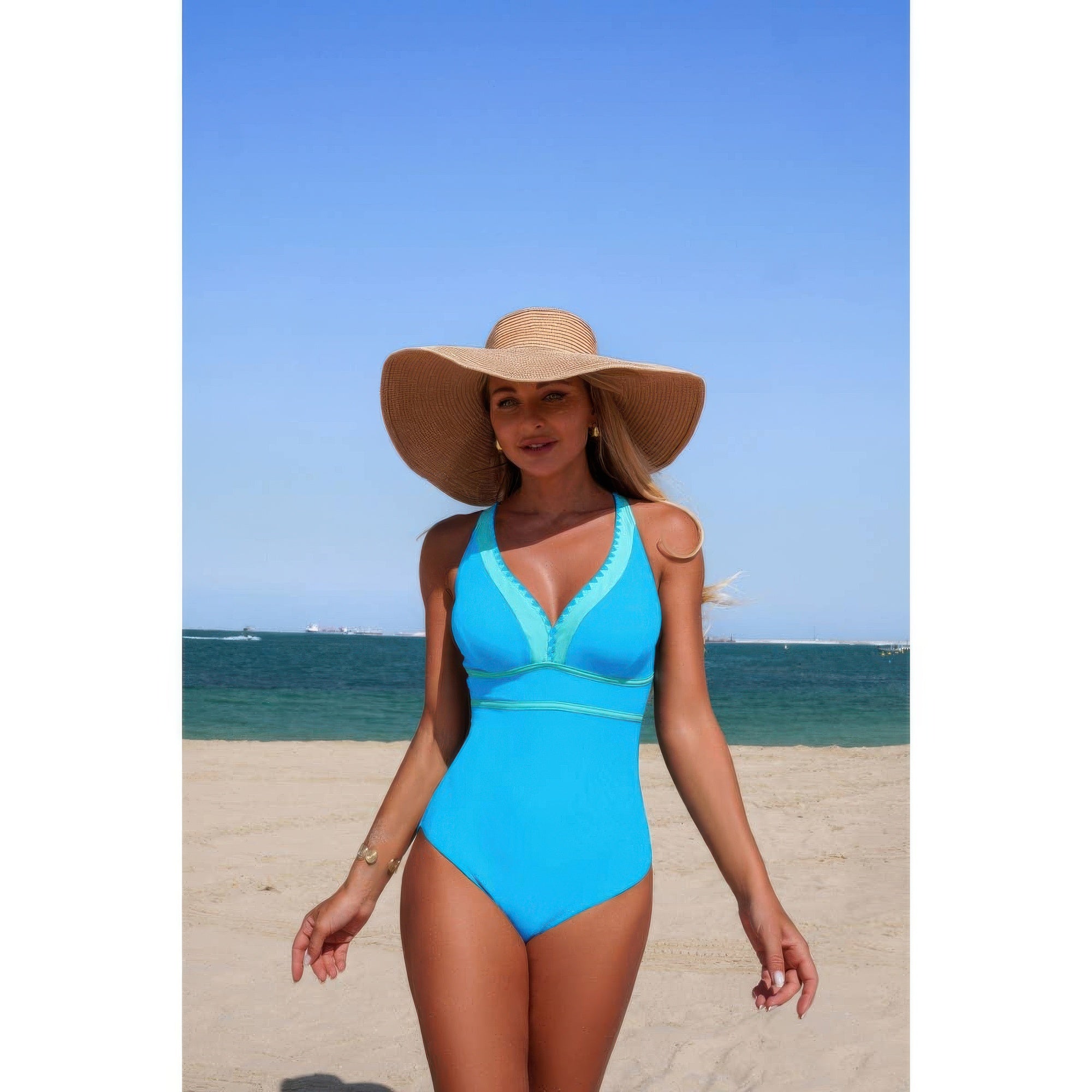 One Piece Color Block V Neck Stretch Swimsuit product image