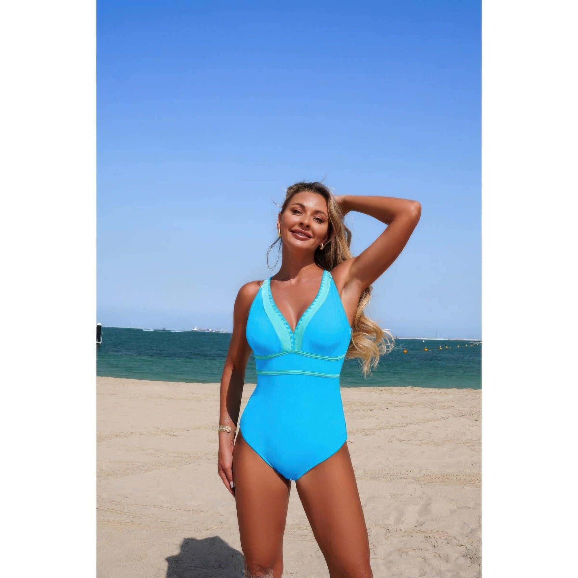 One Piece Color Block V Neck Stretch Swimsuit product image