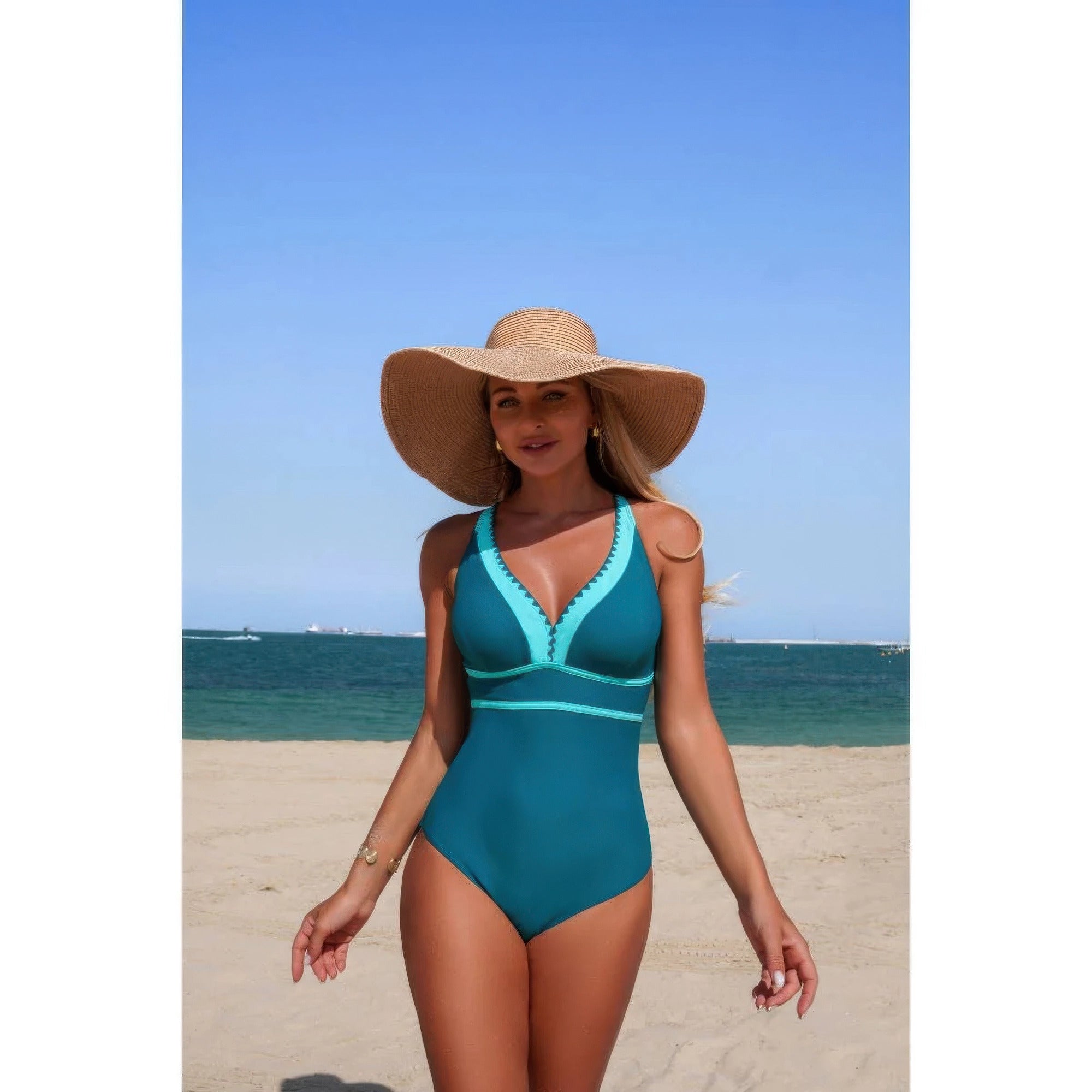 One Piece Color Block V Neck Stretch Swimsuit product image