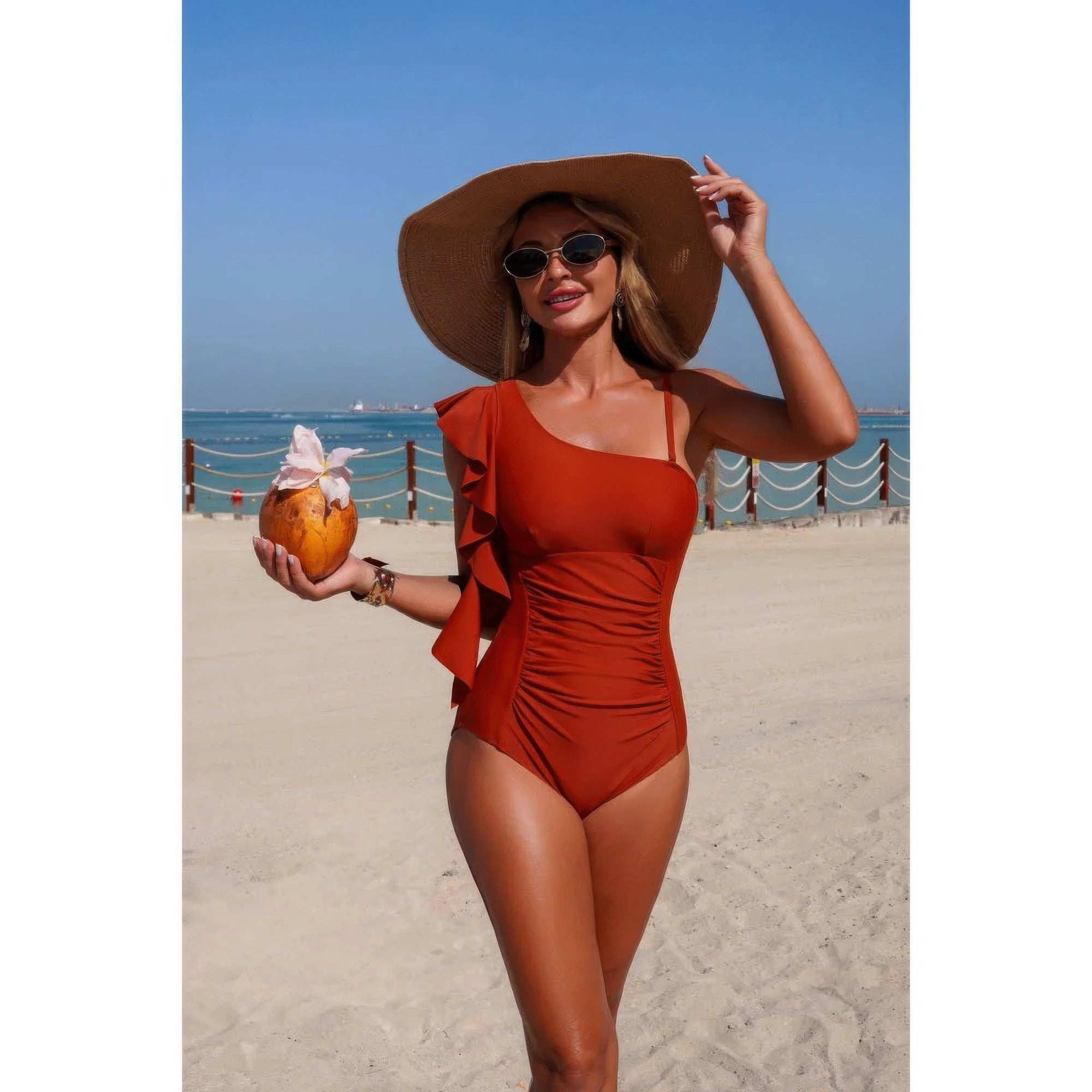 Solid Asymmetric Shoulder Ruffle Swimsuit product image