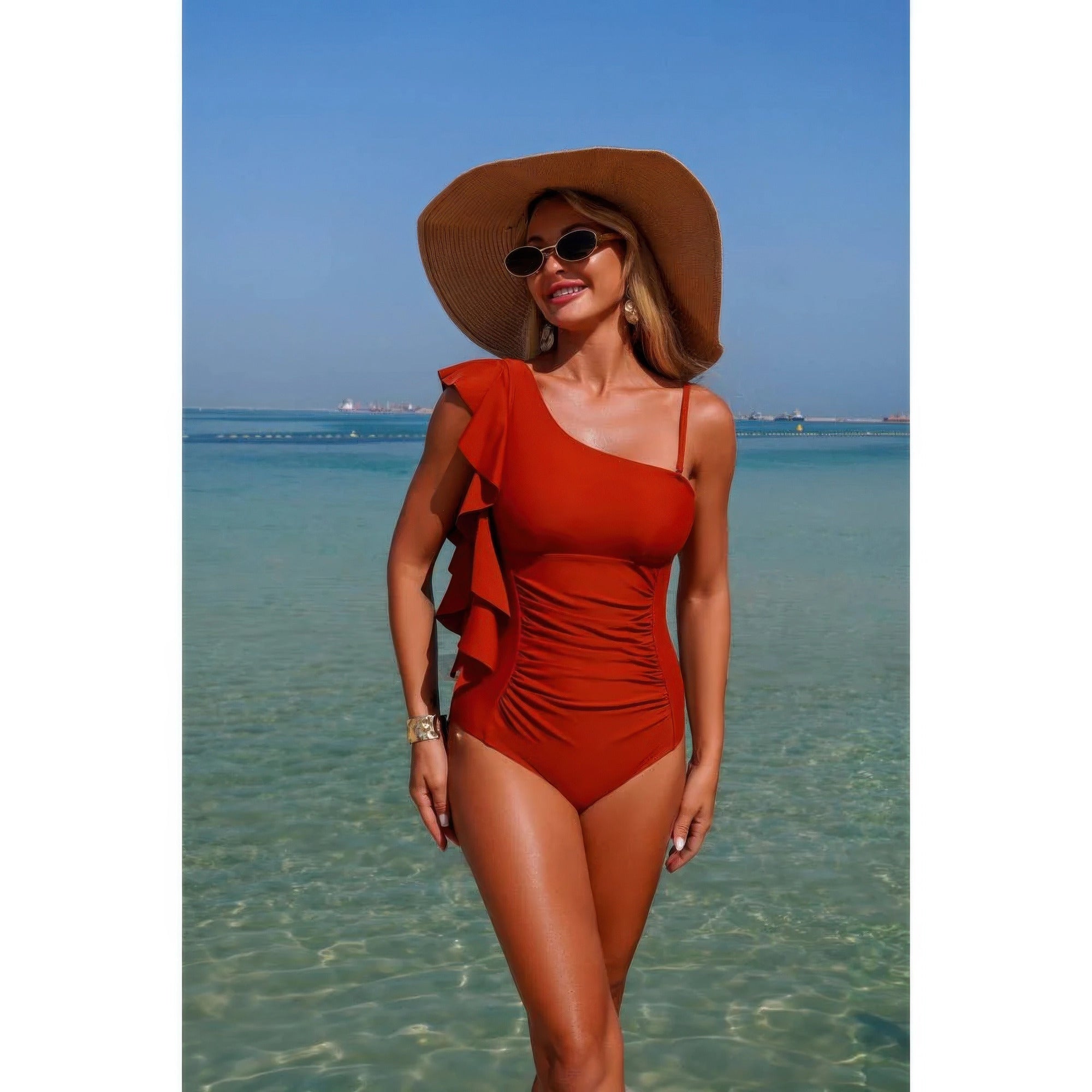 Solid Asymmetric Shoulder Ruffle Swimsuit product image