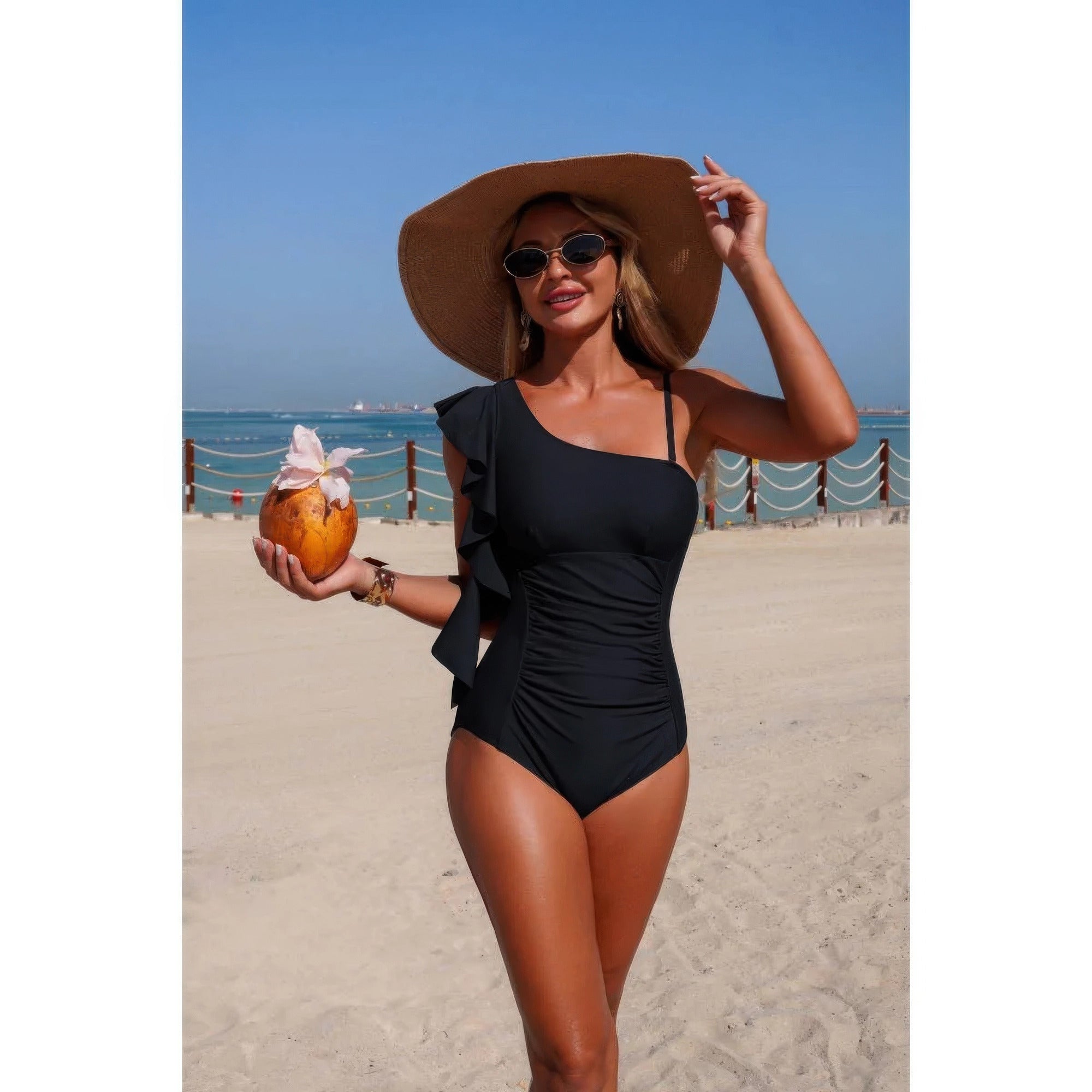 Solid Asymmetric Shoulder Ruffle Swimsuit product image