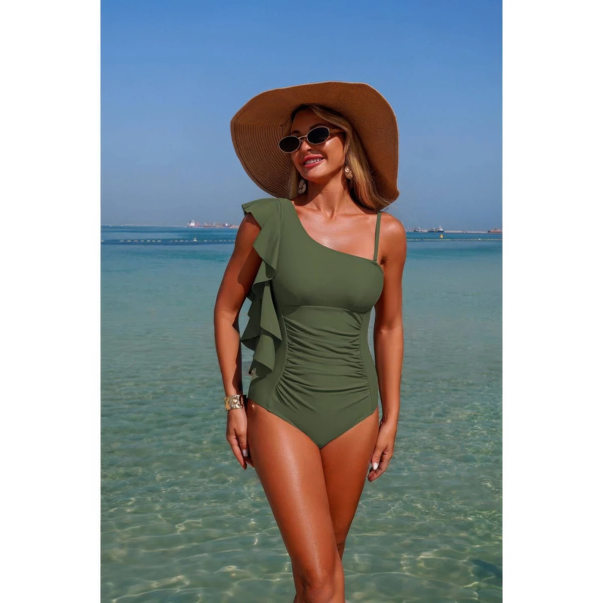 Solid Asymmetric Shoulder Ruffle Swimsuit product image