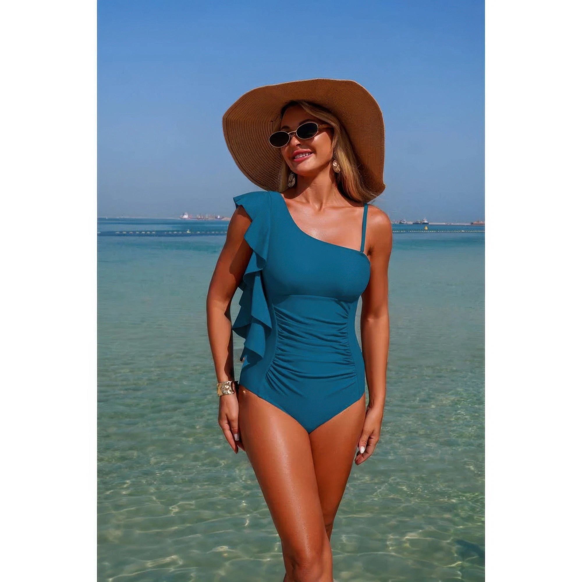 Solid Asymmetric Shoulder Ruffle Swimsuit product image