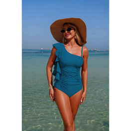 Solid Asymmetric Shoulder Ruffle Swimsuit