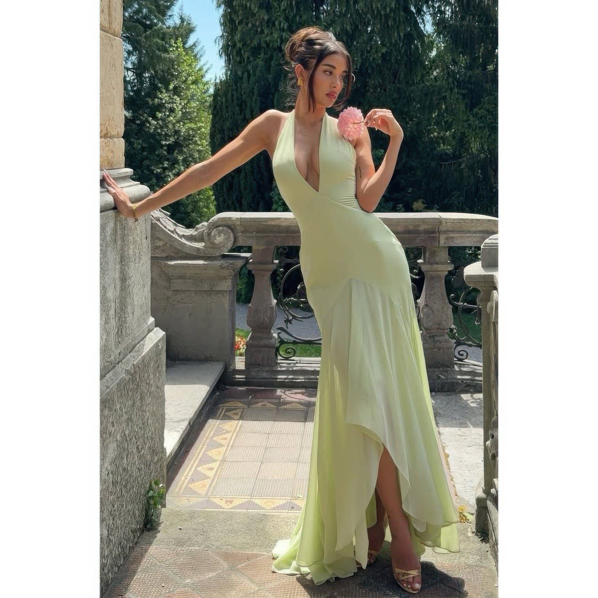 Solid Halter Deep V Backless Maxi Tulle Dress product image