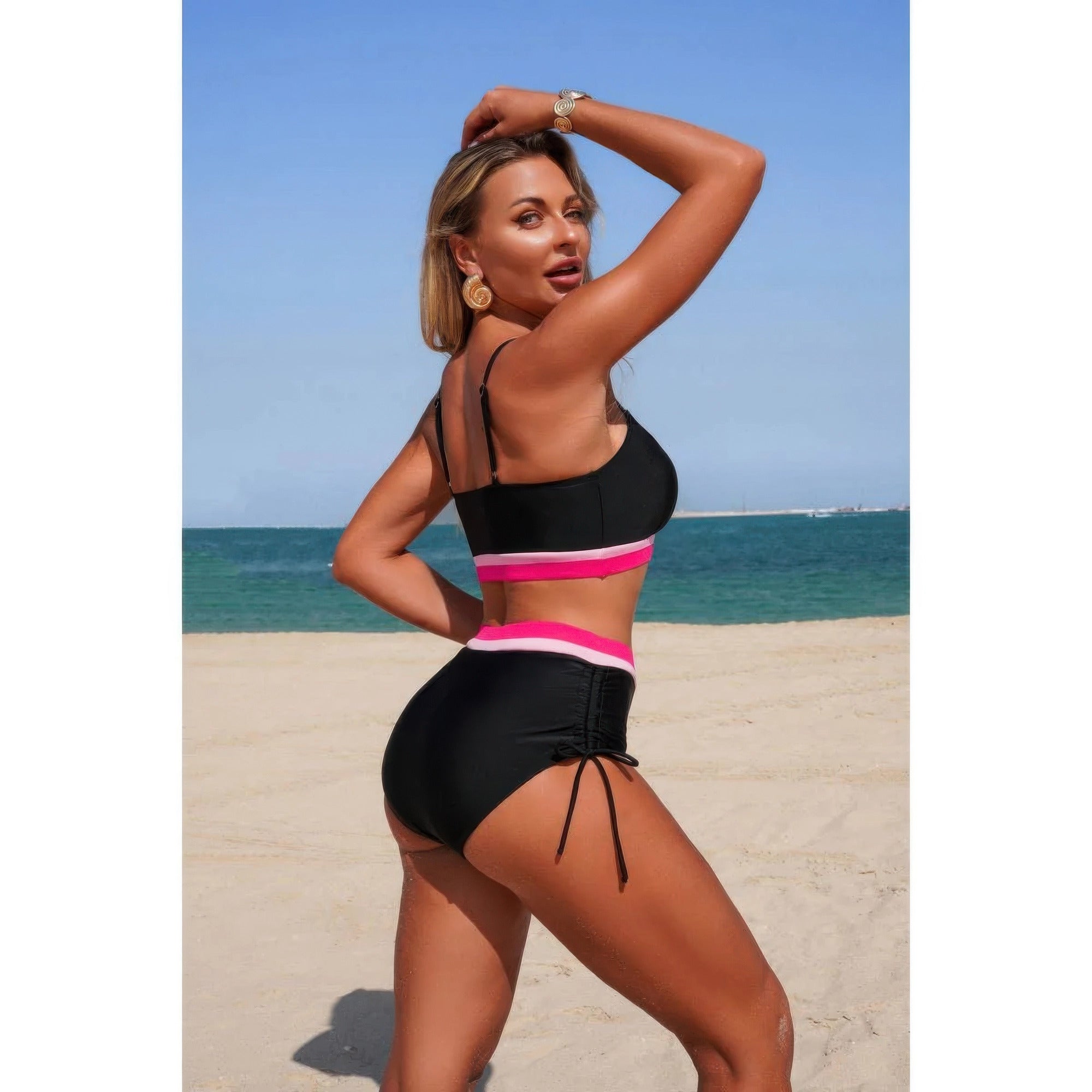 Two Piece Solid Contrast Tie Up Stretch Bikini product image