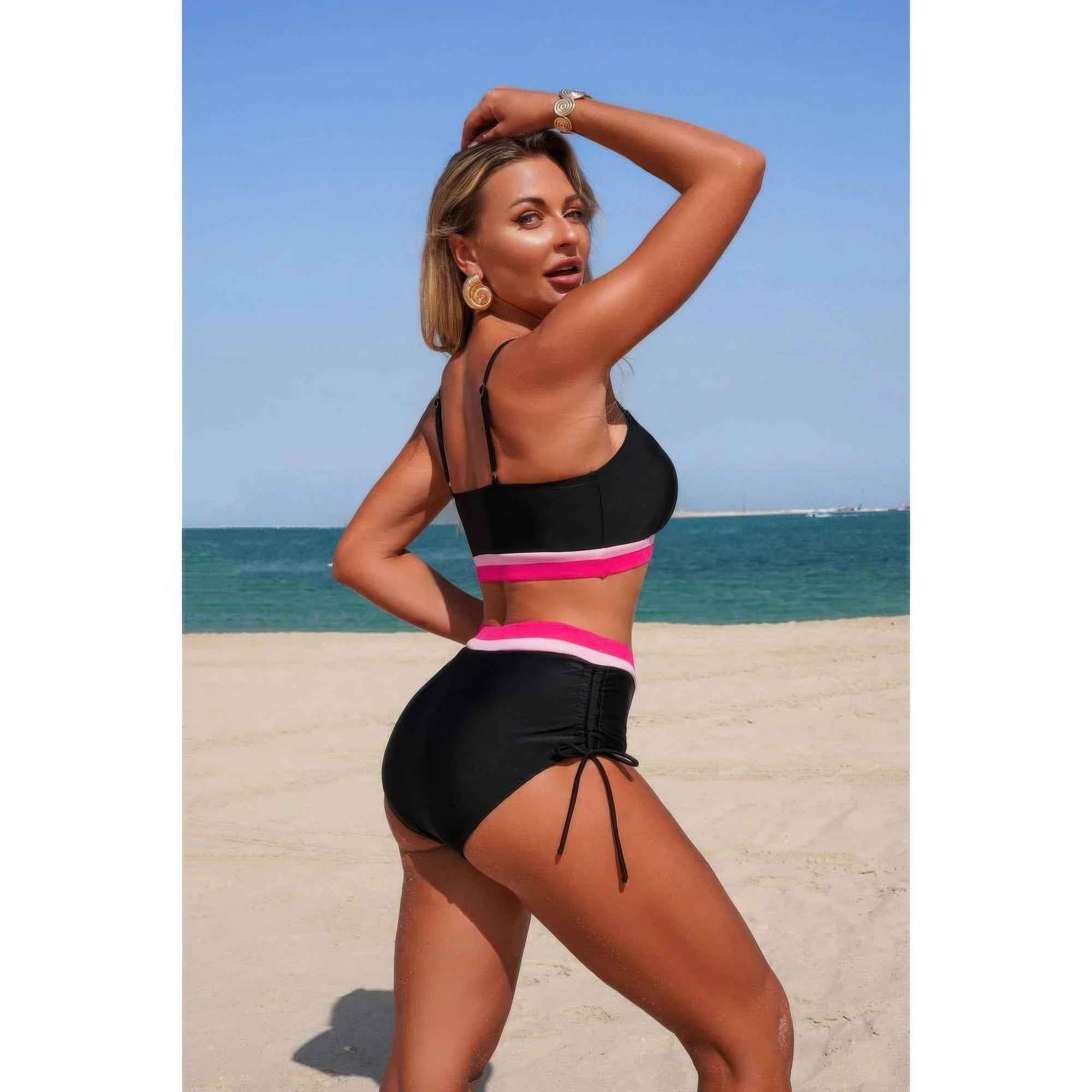 Two Piece Solid Contrast Tie Up Stretch Bikini Two Piece Solid Contrast Tie Up Stretch Bikini