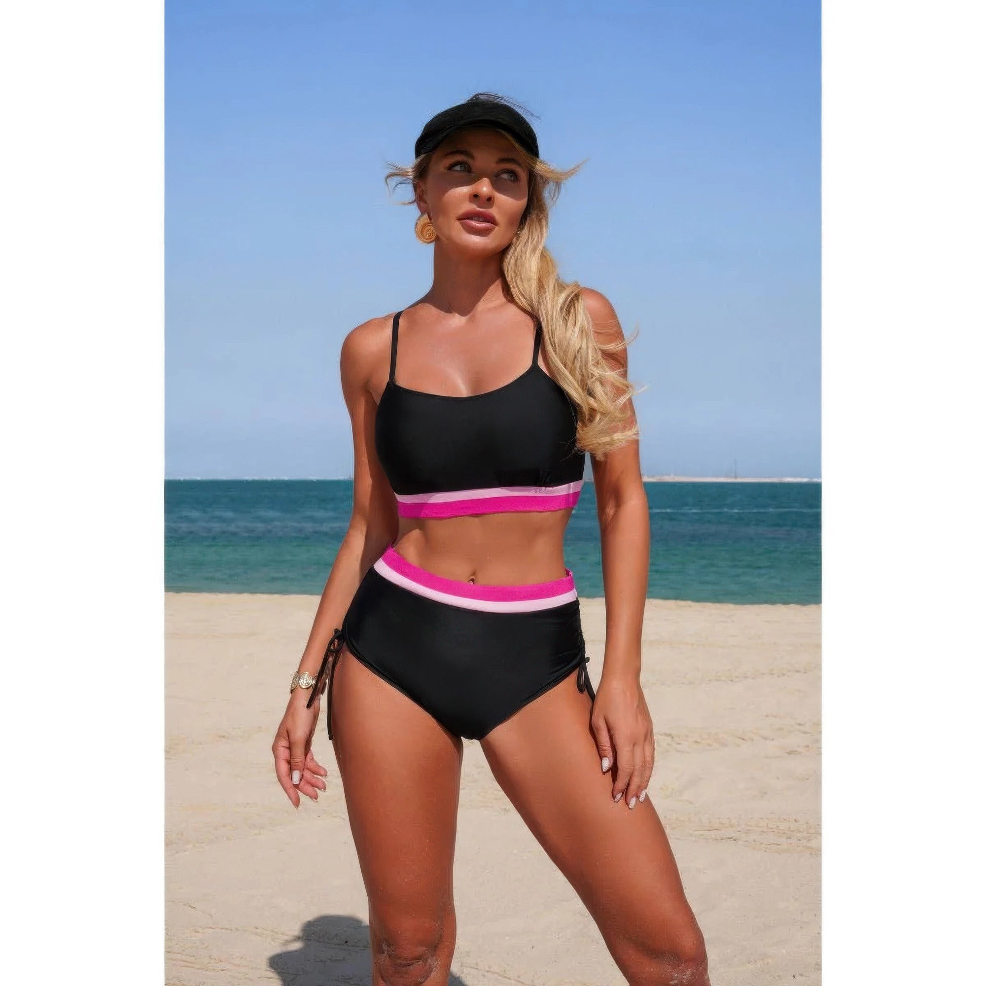 Two Piece Solid Contrast Tie Up Stretch Bikini product image