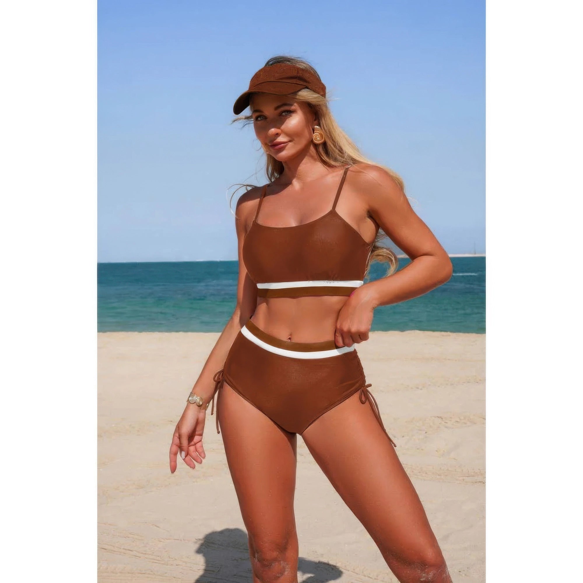 Two Piece Solid Contrast Tie Up Stretch Bikini product image