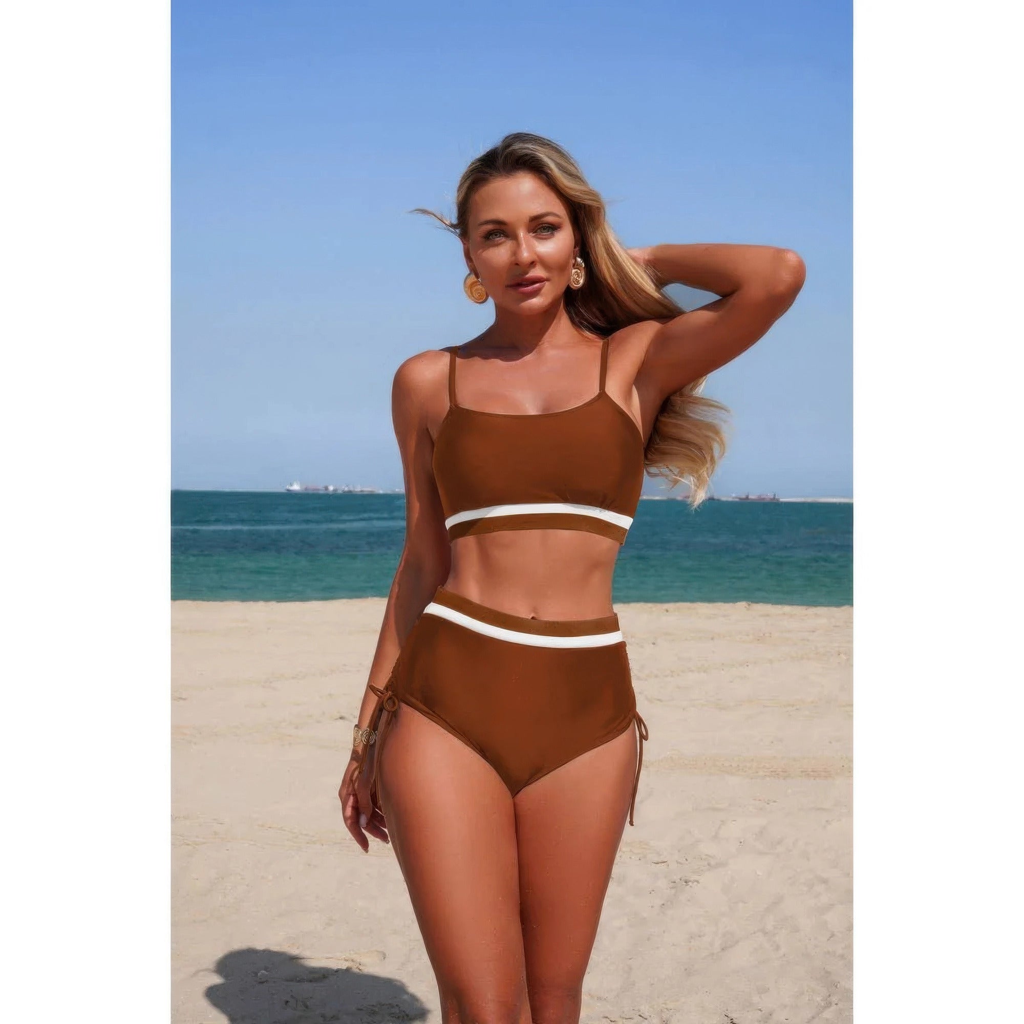 Two Piece Solid Contrast Tie Up Stretch Bikini product image
