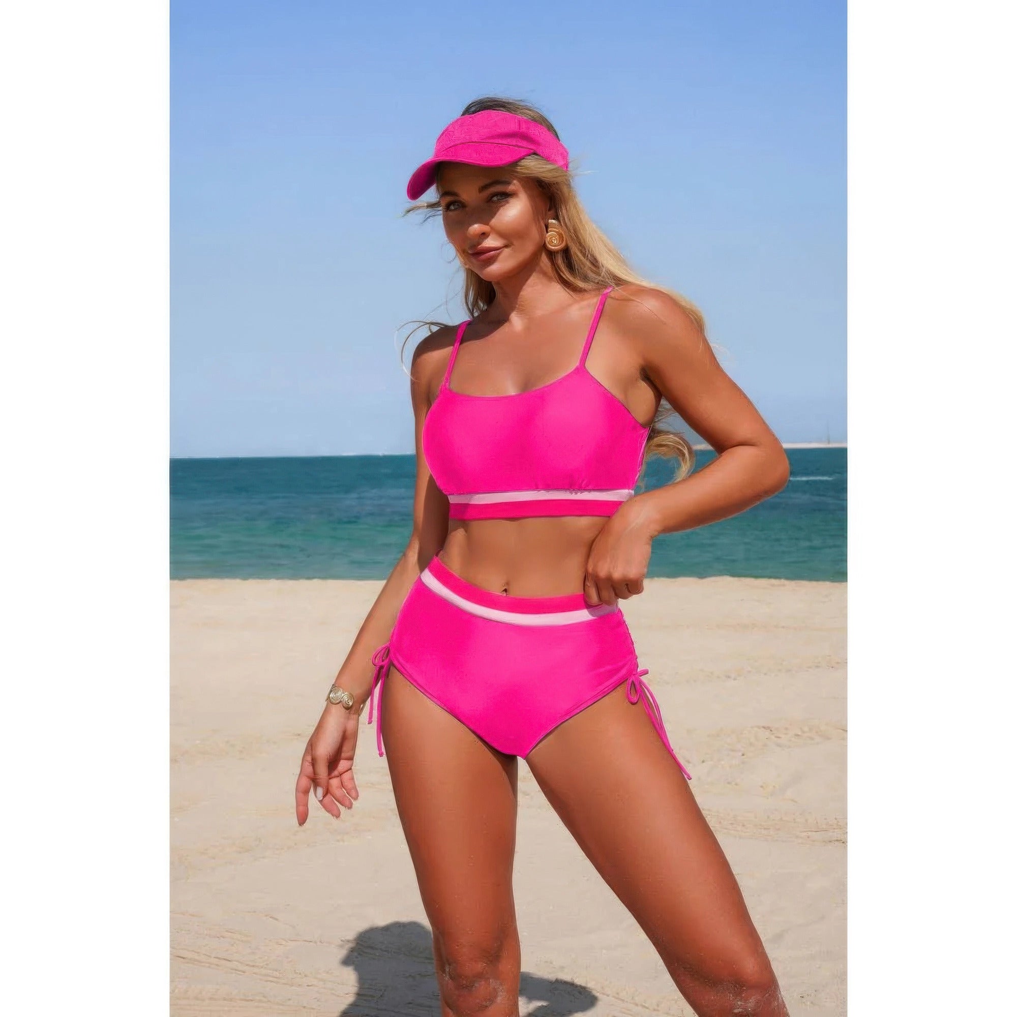 Two Piece Solid Contrast Tie Up Stretch Bikini product image