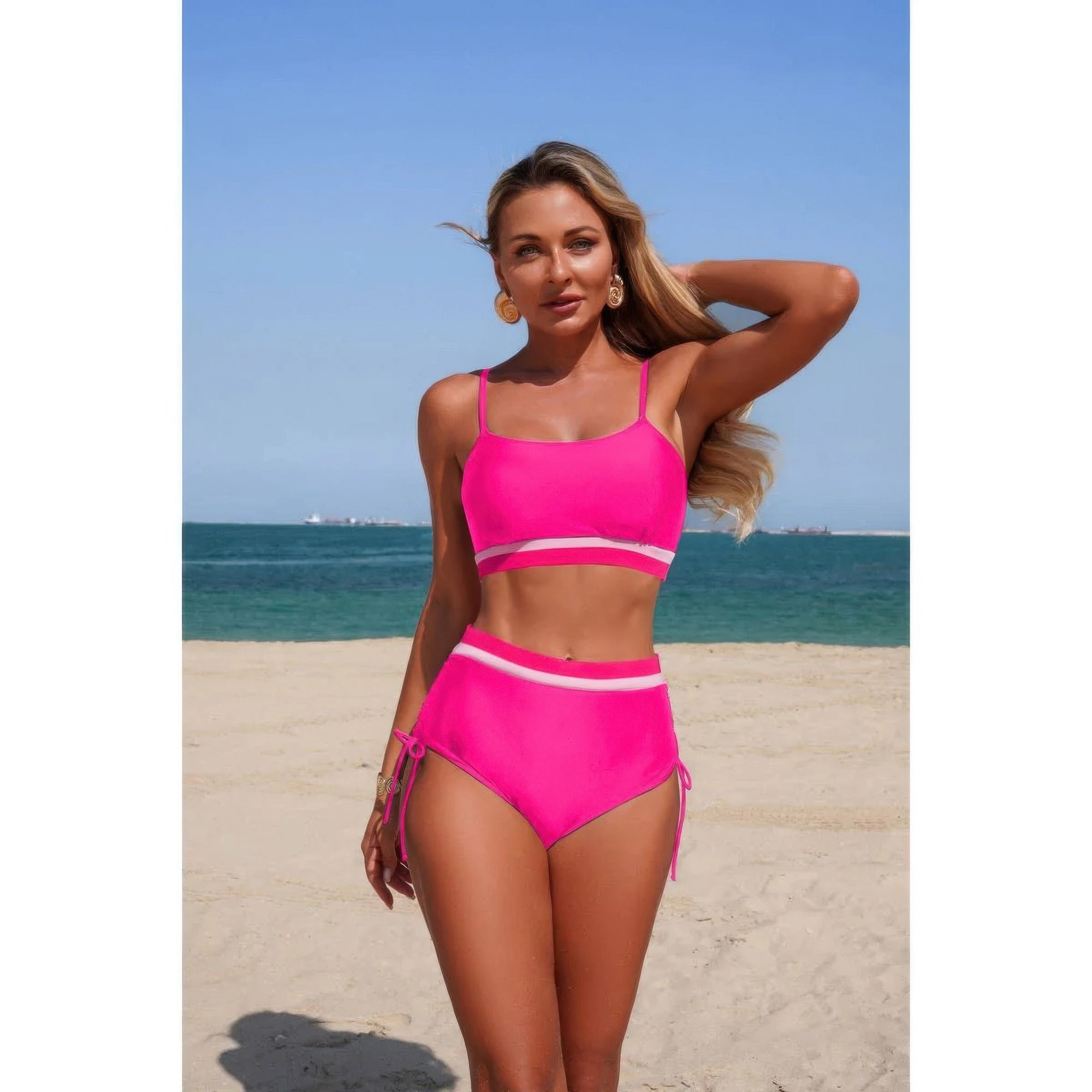 Two Piece Solid Contrast Tie Up Stretch Bikini product image