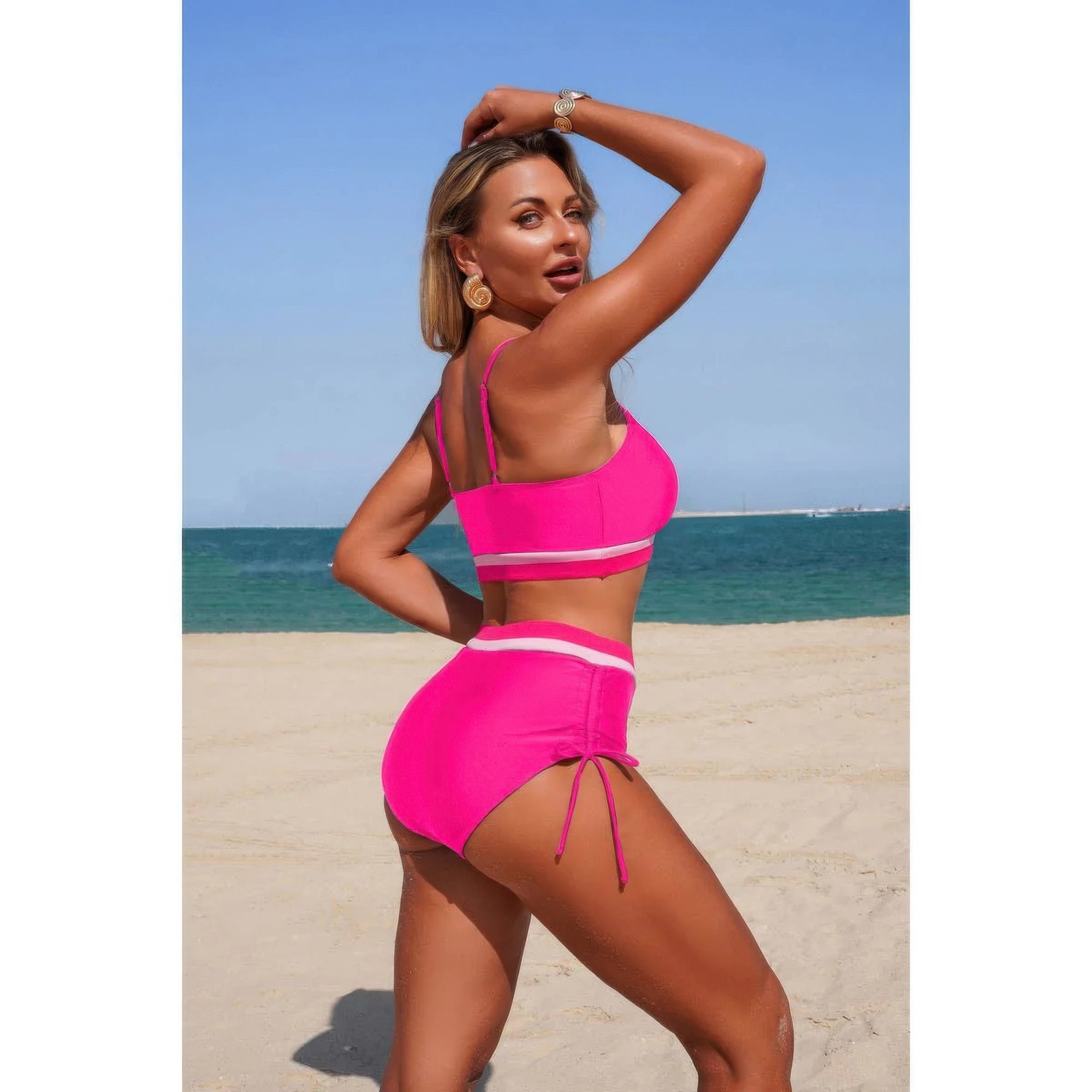Two Piece Solid Contrast Tie Up Stretch Bikini product image