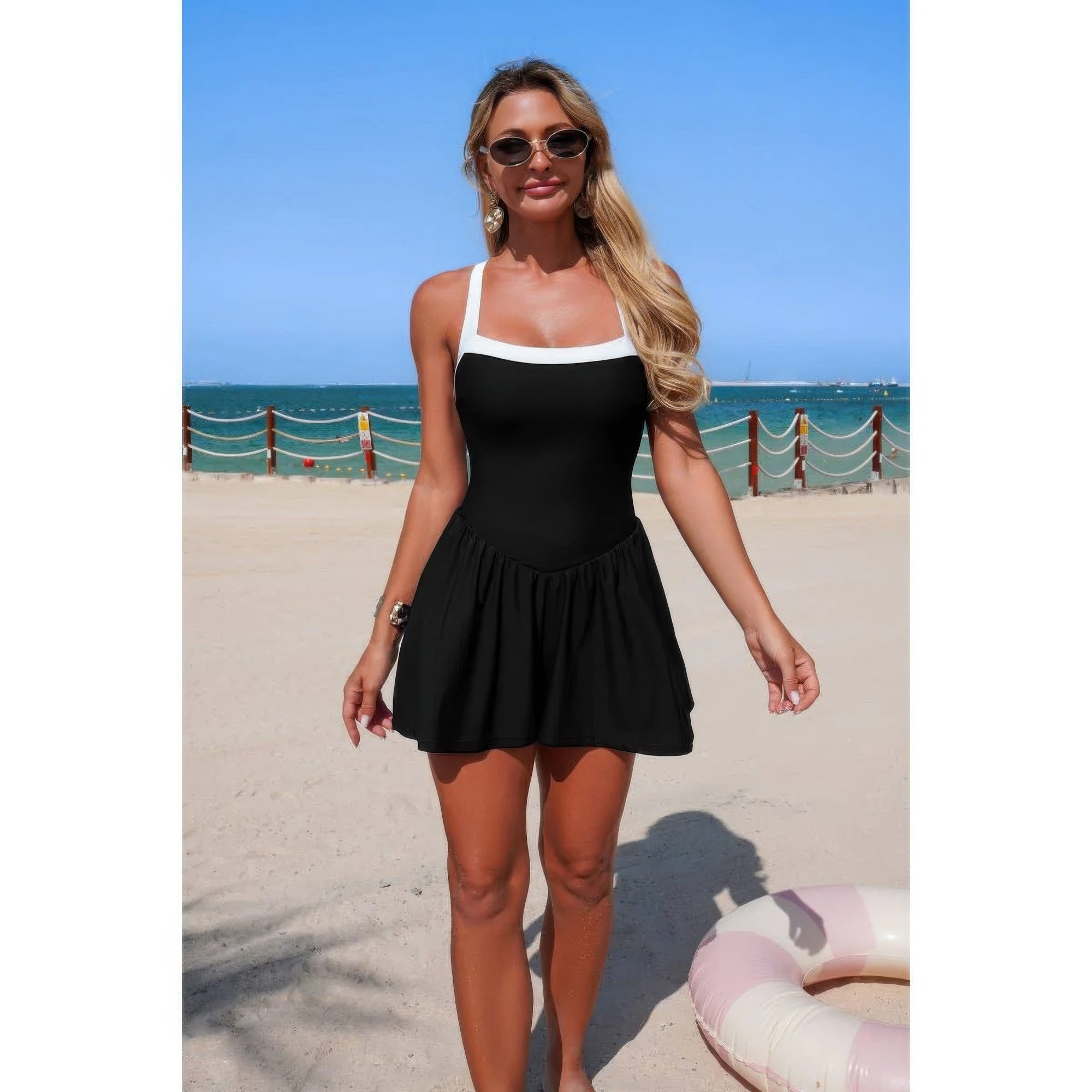 One Piece Solid Elastic Sleeveless Skirt Swimsuit product image