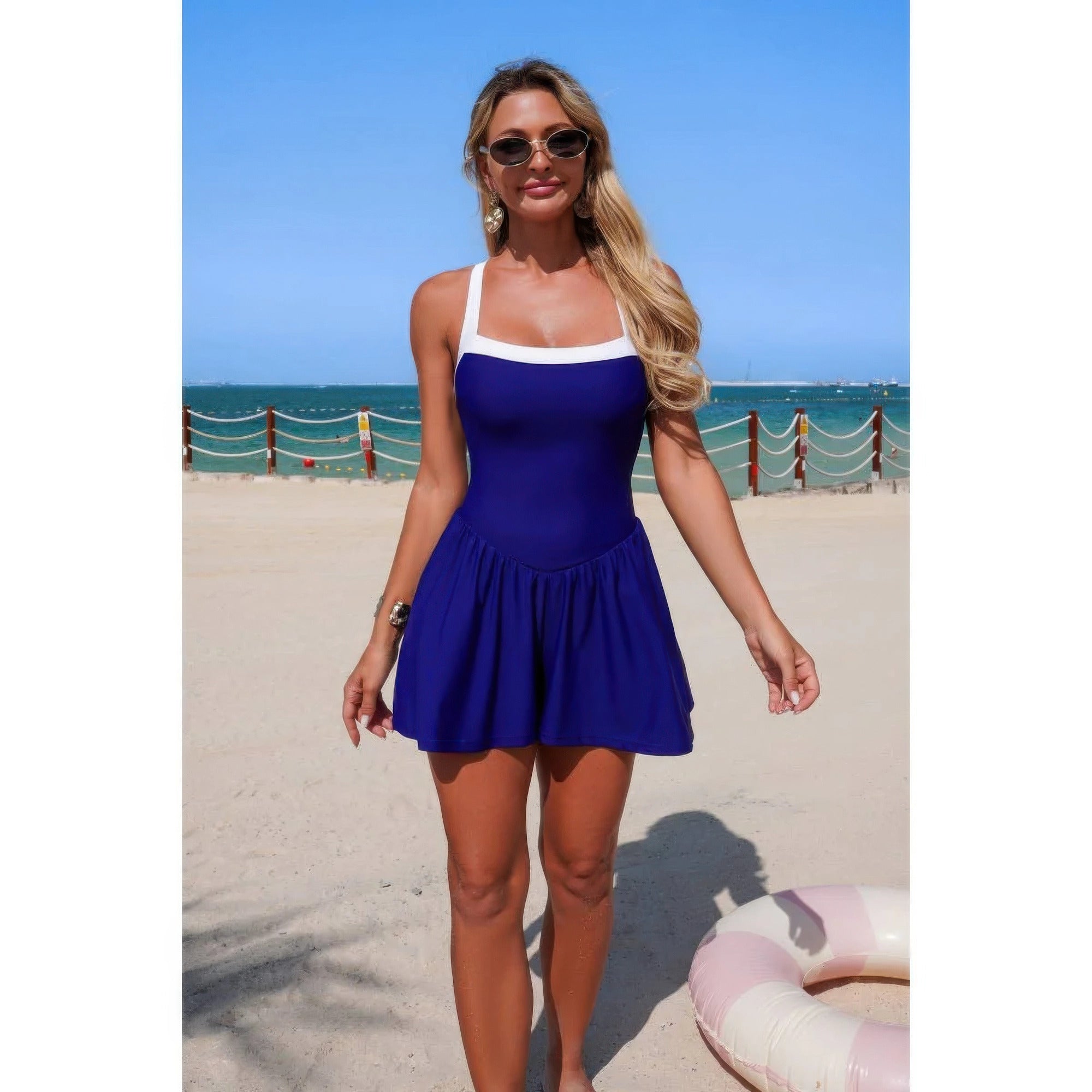 One Piece Solid Elastic Sleeveless Skirt Swimsuit product image
