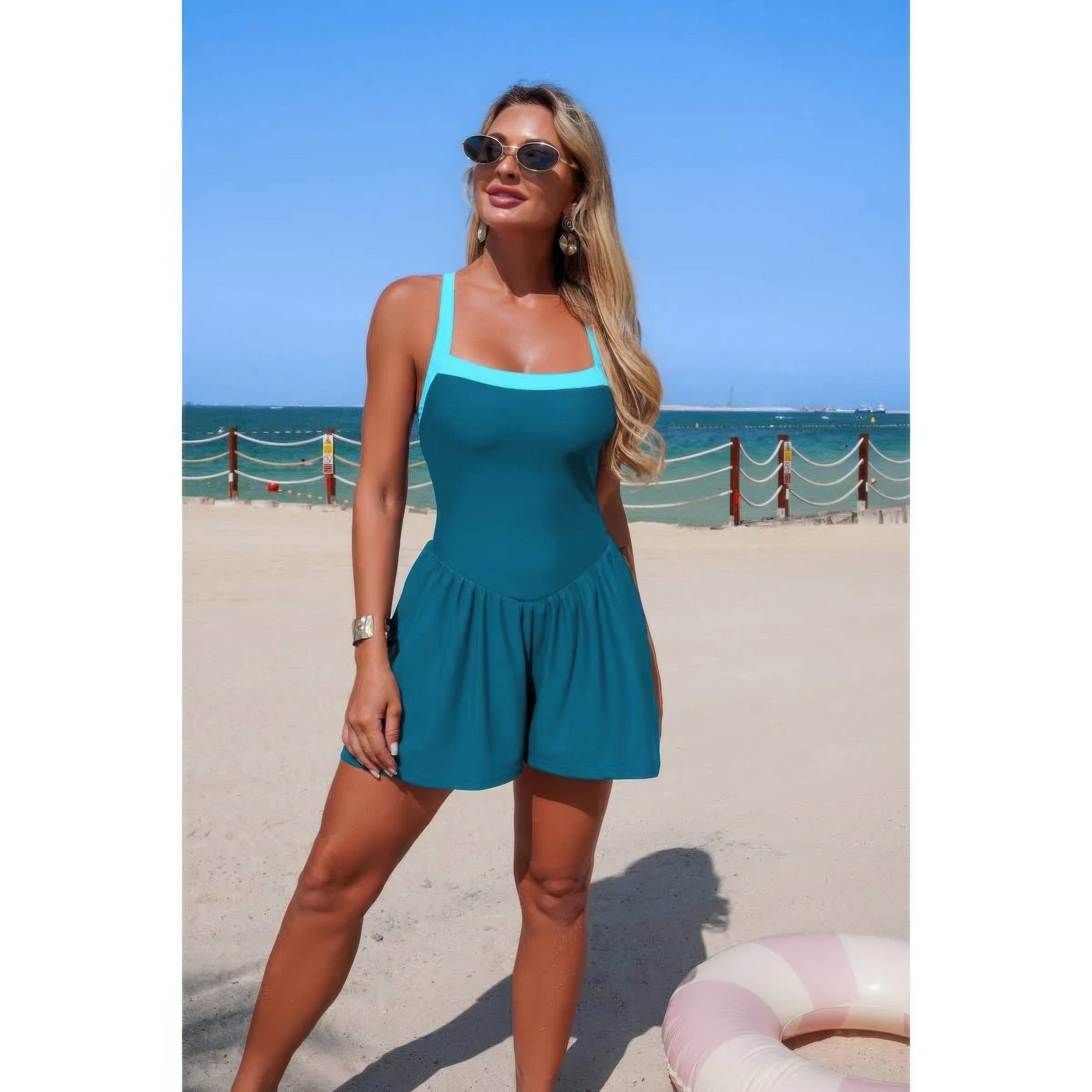 One Piece Solid Elastic Sleeveless Skirt Swimsuit product image