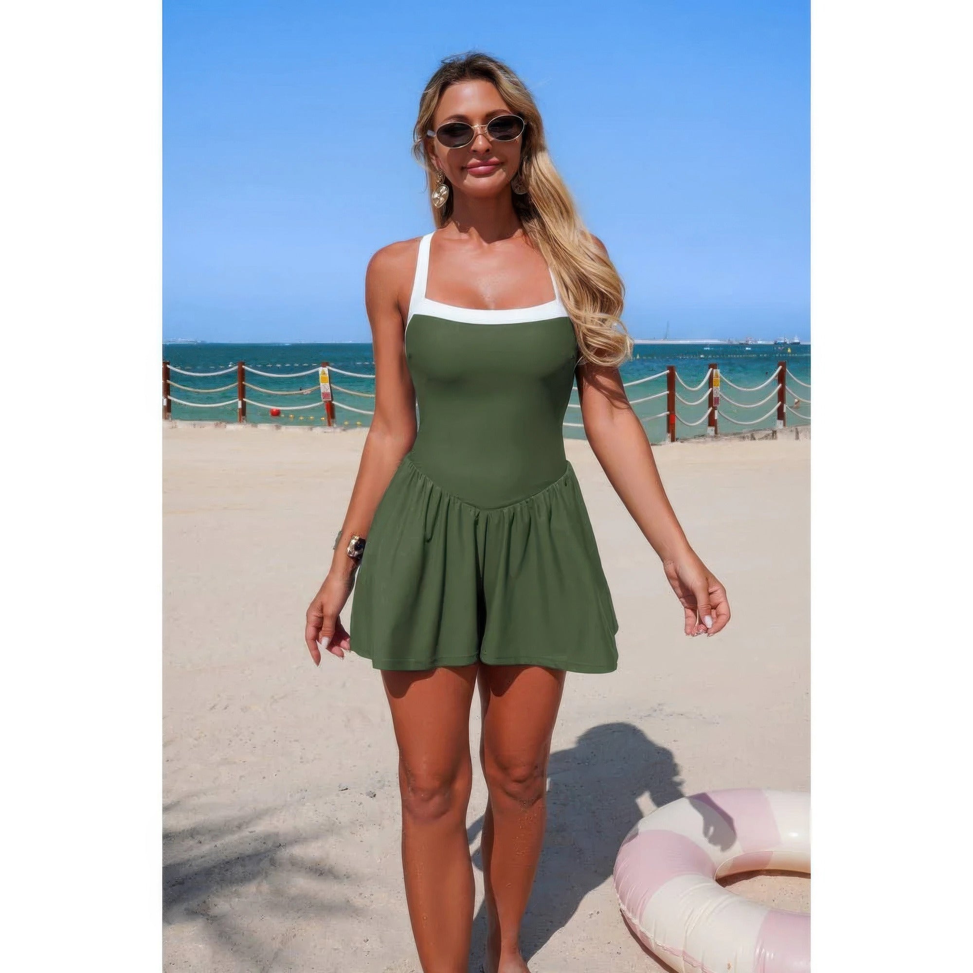 One Piece Solid Elastic Sleeveless Skirt Swimsuit product image