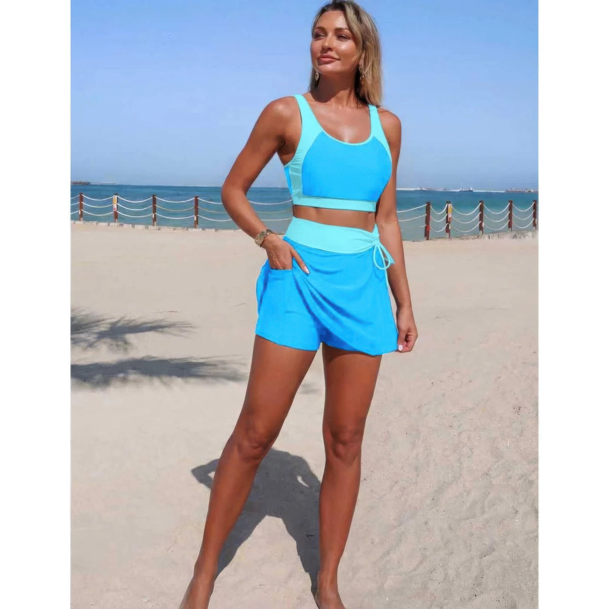 Two Piece Color Block High Waist Tie Up Bikini product image