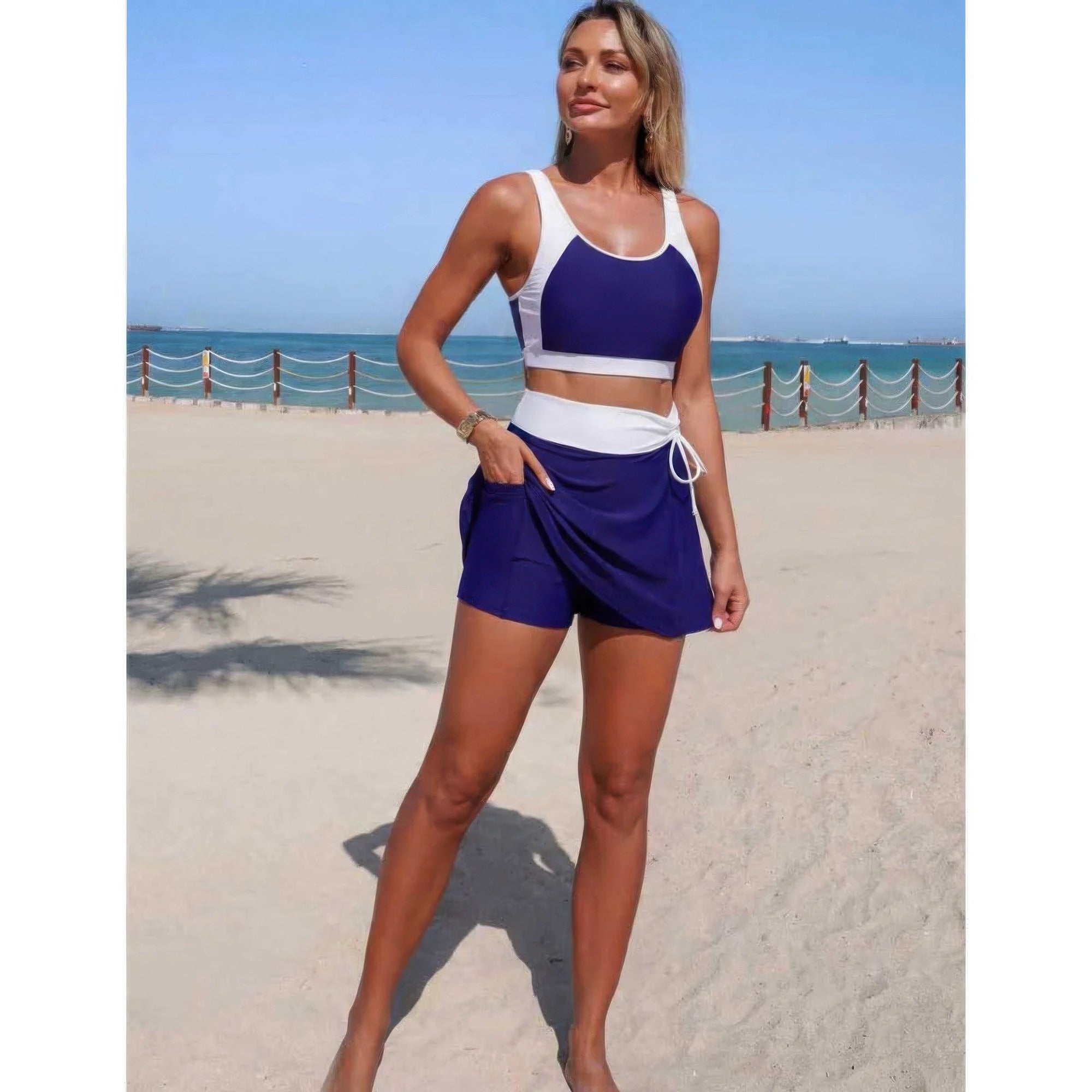 Two Piece Color Block High Waist Tie Up Bikini product image