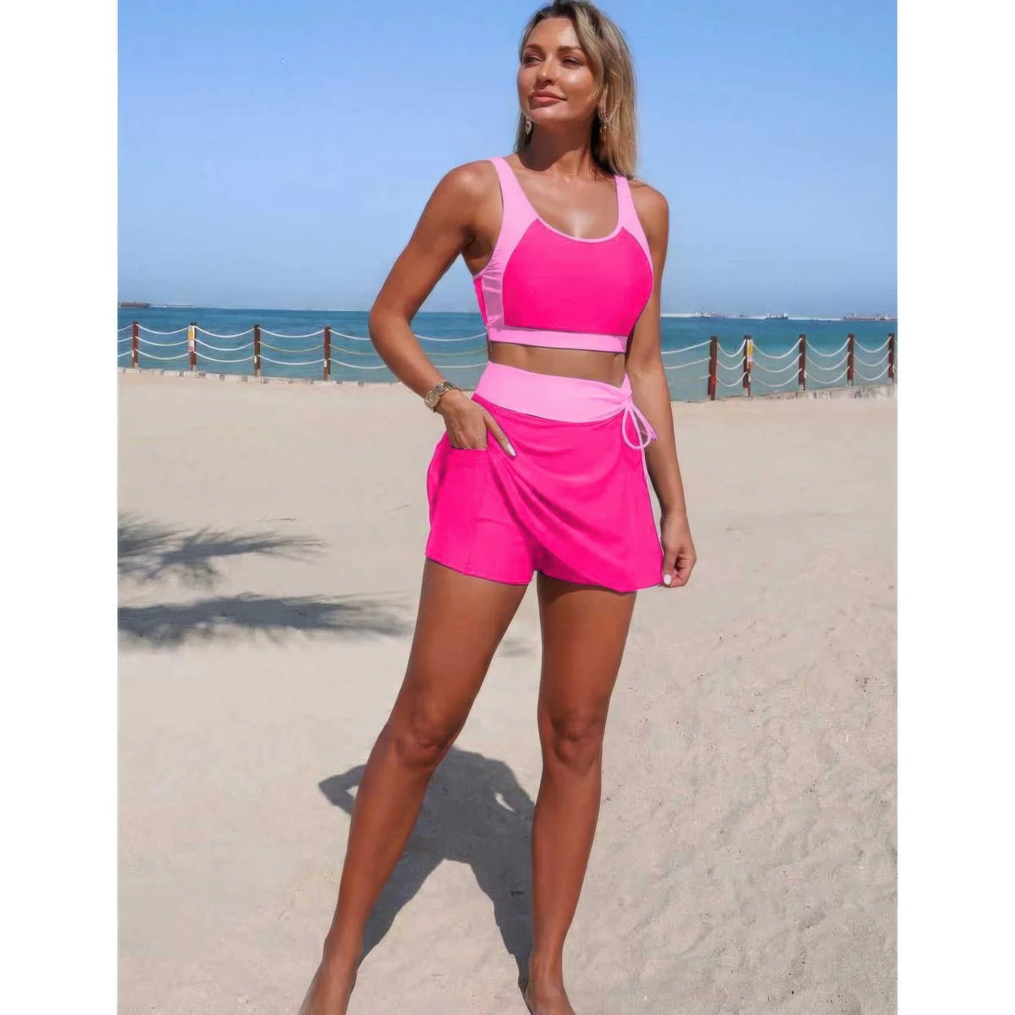Two Piece Color Block High Waist Tie Up Bikini product image