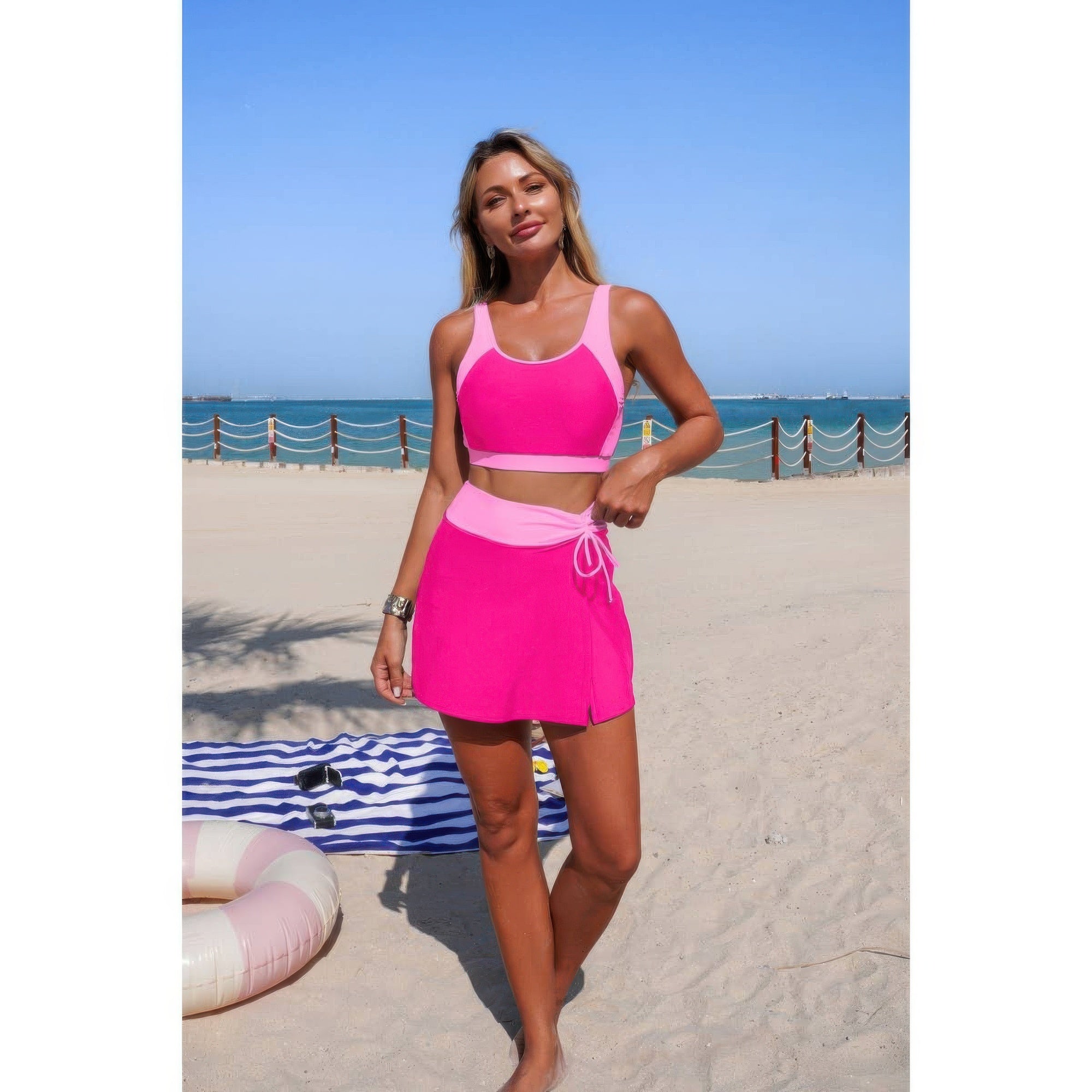 Two Piece Color Block High Waist Tie Up Bikini product image