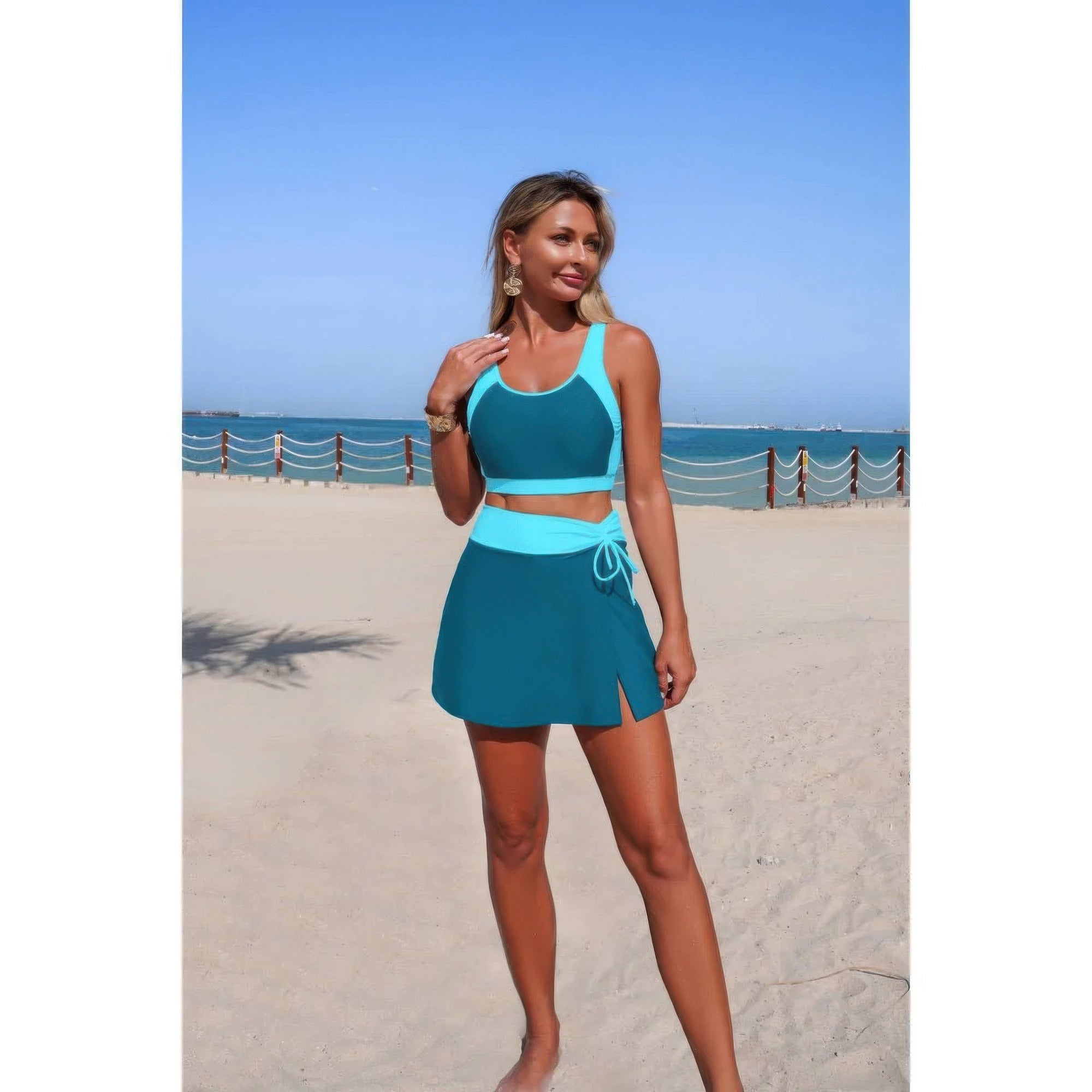 Two Piece Color Block High Waist Tie Up Bikini product image