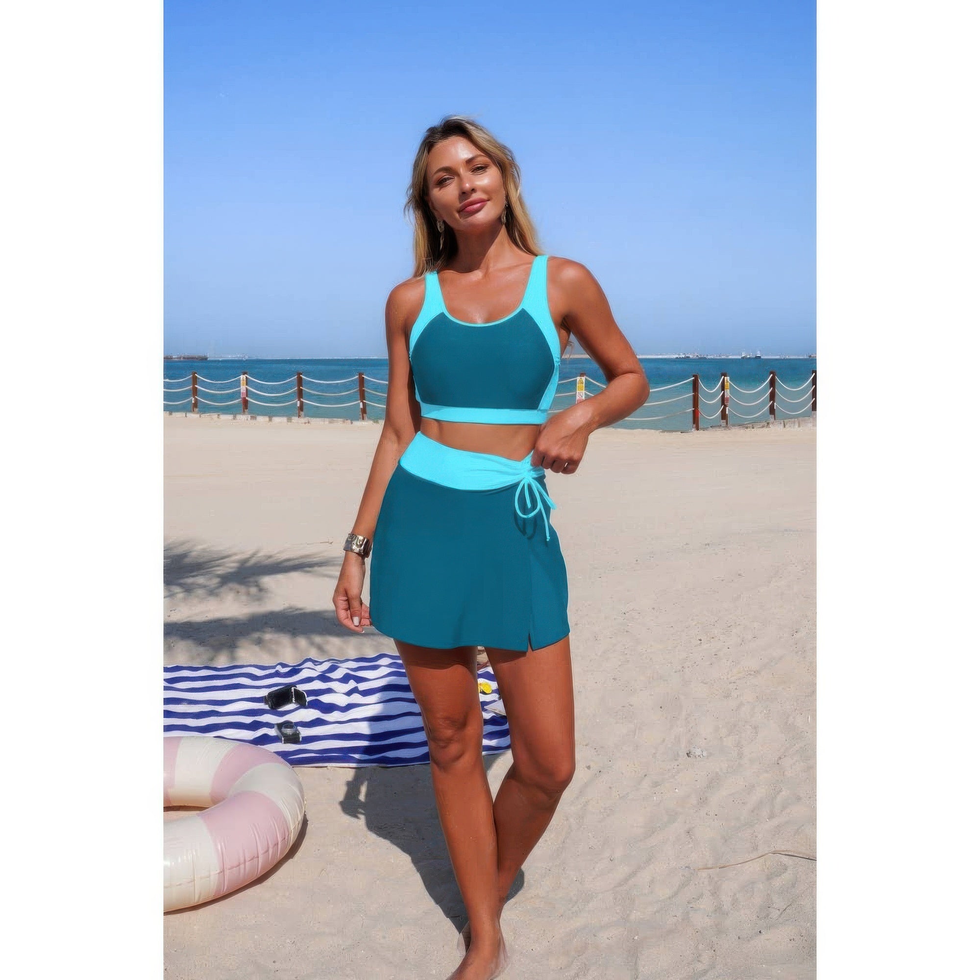 Two Piece Color Block High Waist Tie Up Bikini product image