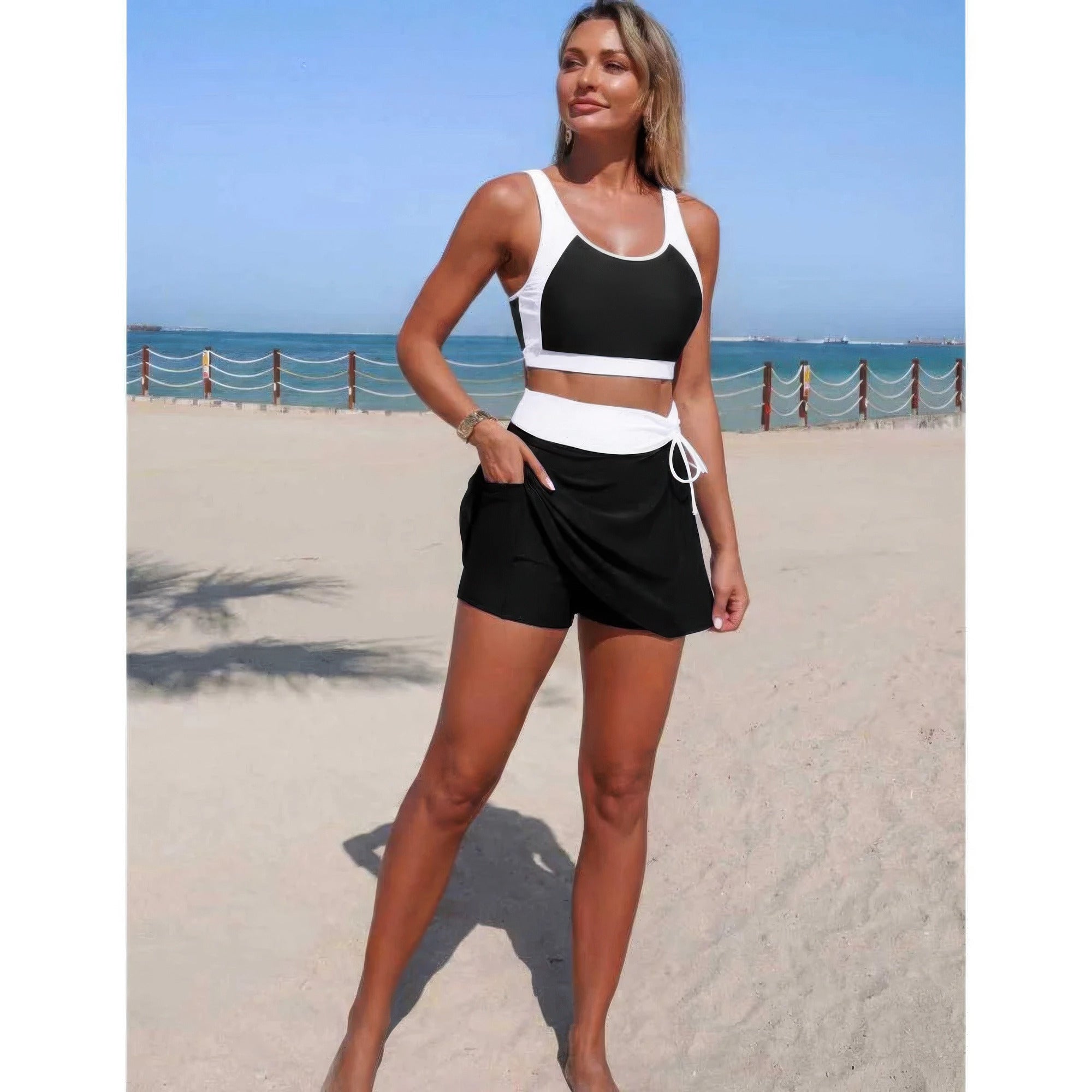 Two Piece Color Block High Waist Tie Up Bikini product image
