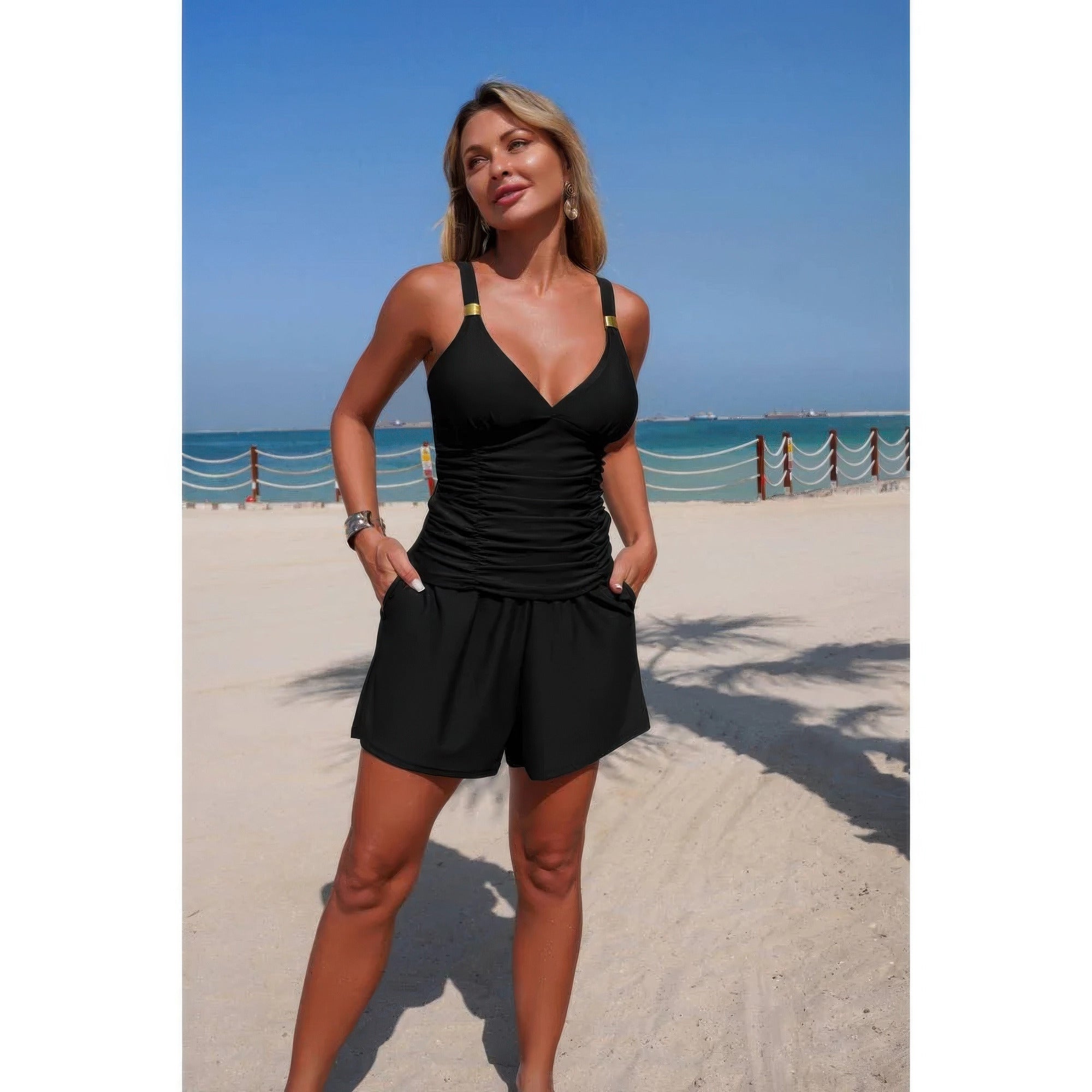 Two Piece Solid Ruched V Neck Pockets Bikini product image