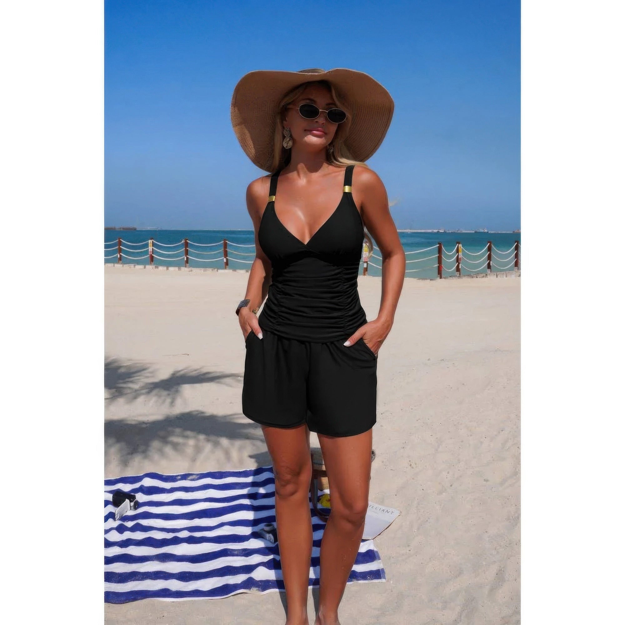 Two Piece Solid Ruched V Neck Pockets Bikini product image