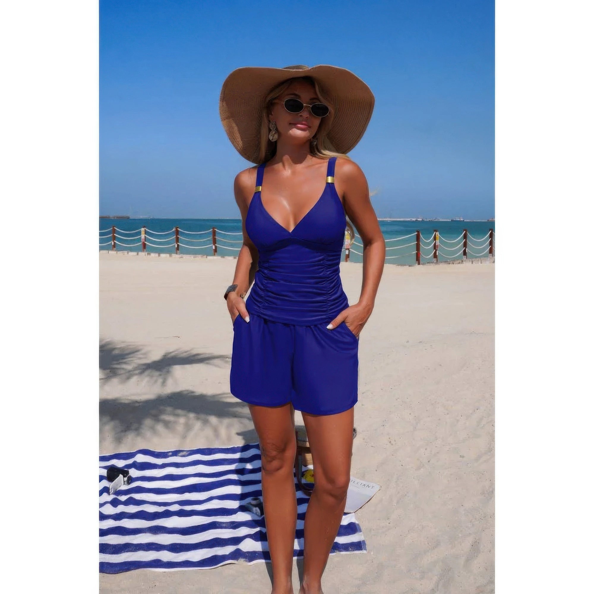 Two Piece Solid Ruched V Neck Pockets Bikini product image