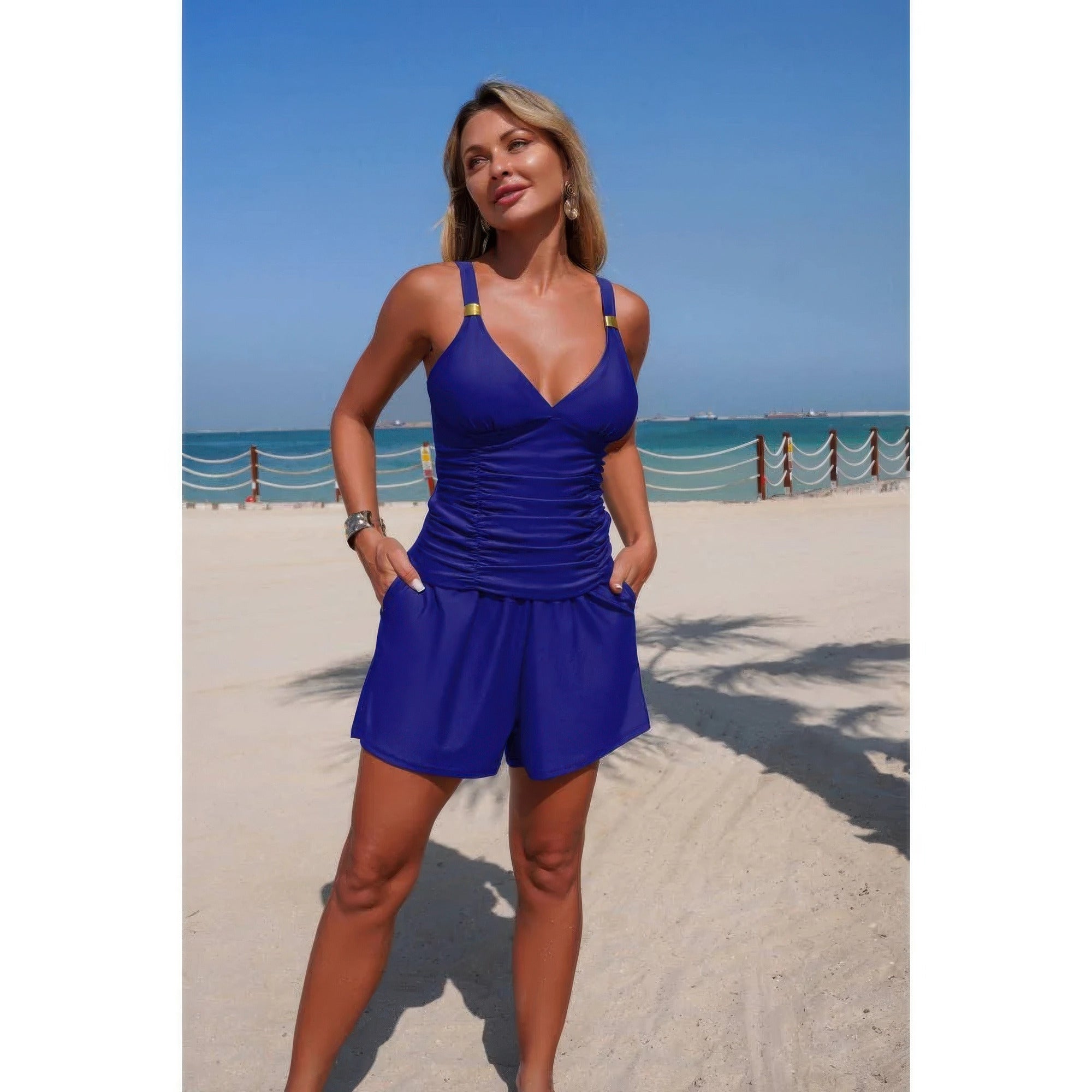 Two Piece Solid Ruched V Neck Pockets Bikini product image