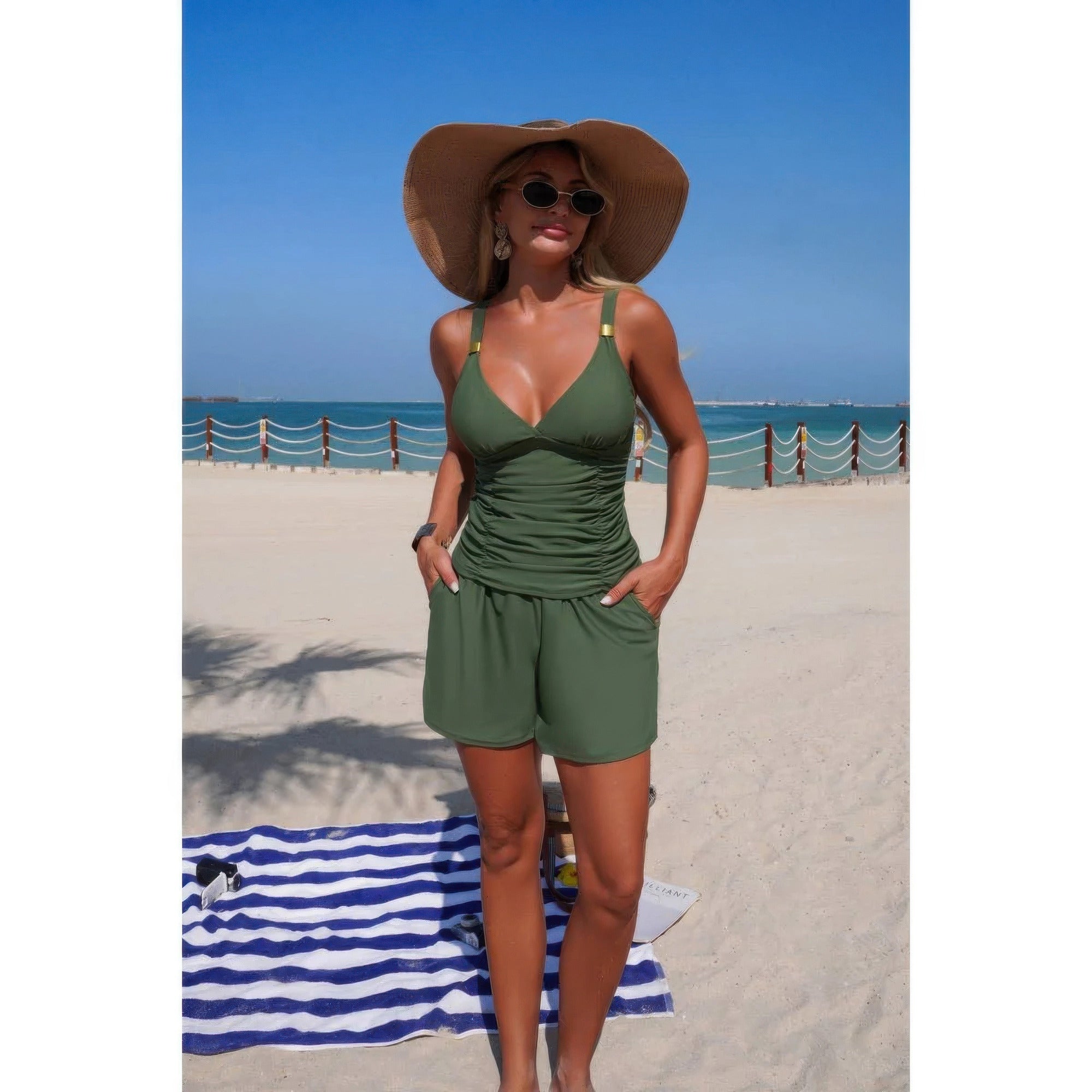 Two Piece Solid Ruched V Neck Pockets Bikini product image