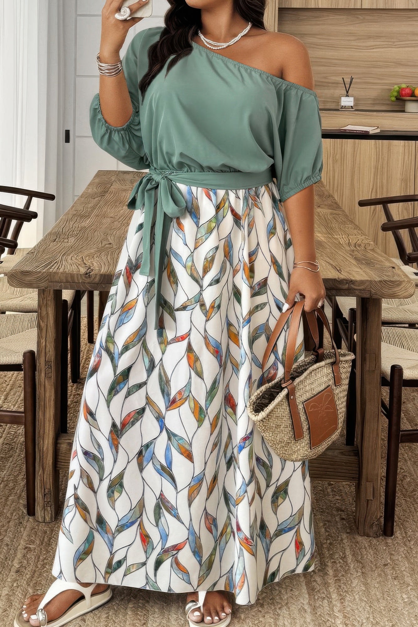 Plus Size Floral Twist Waist One Shoulder Dress product image