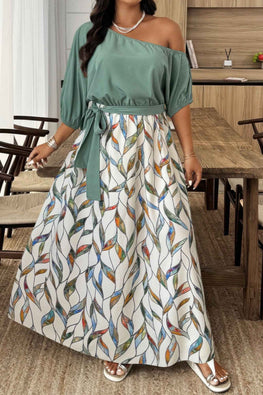 Plus Size Floral Twist Waist One Shoulder Dress