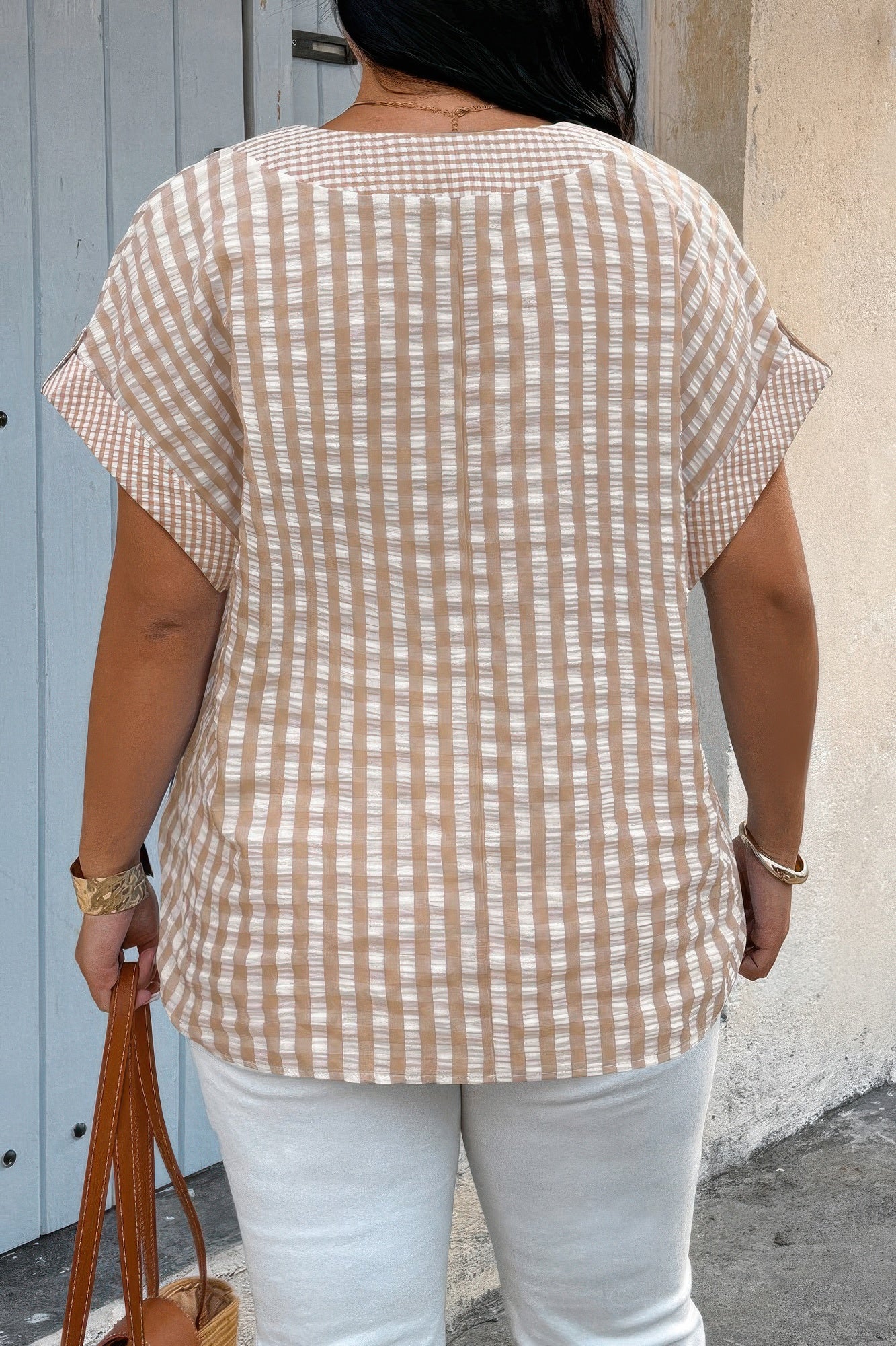 Plus Size V Neck Textured Plaid Patchwork Blouse product image