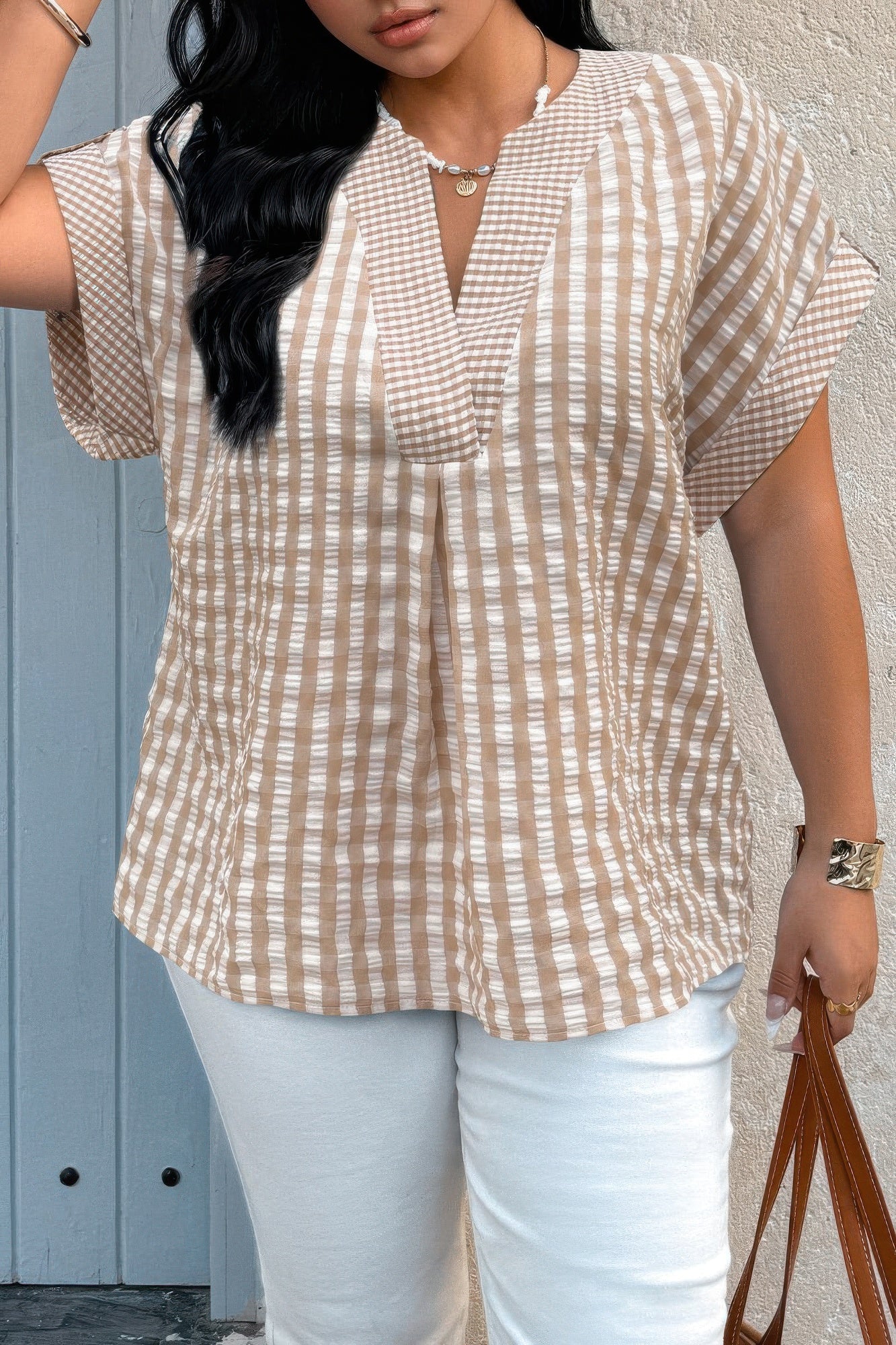 Plus Size V Neck Textured Plaid Patchwork Blouse product image