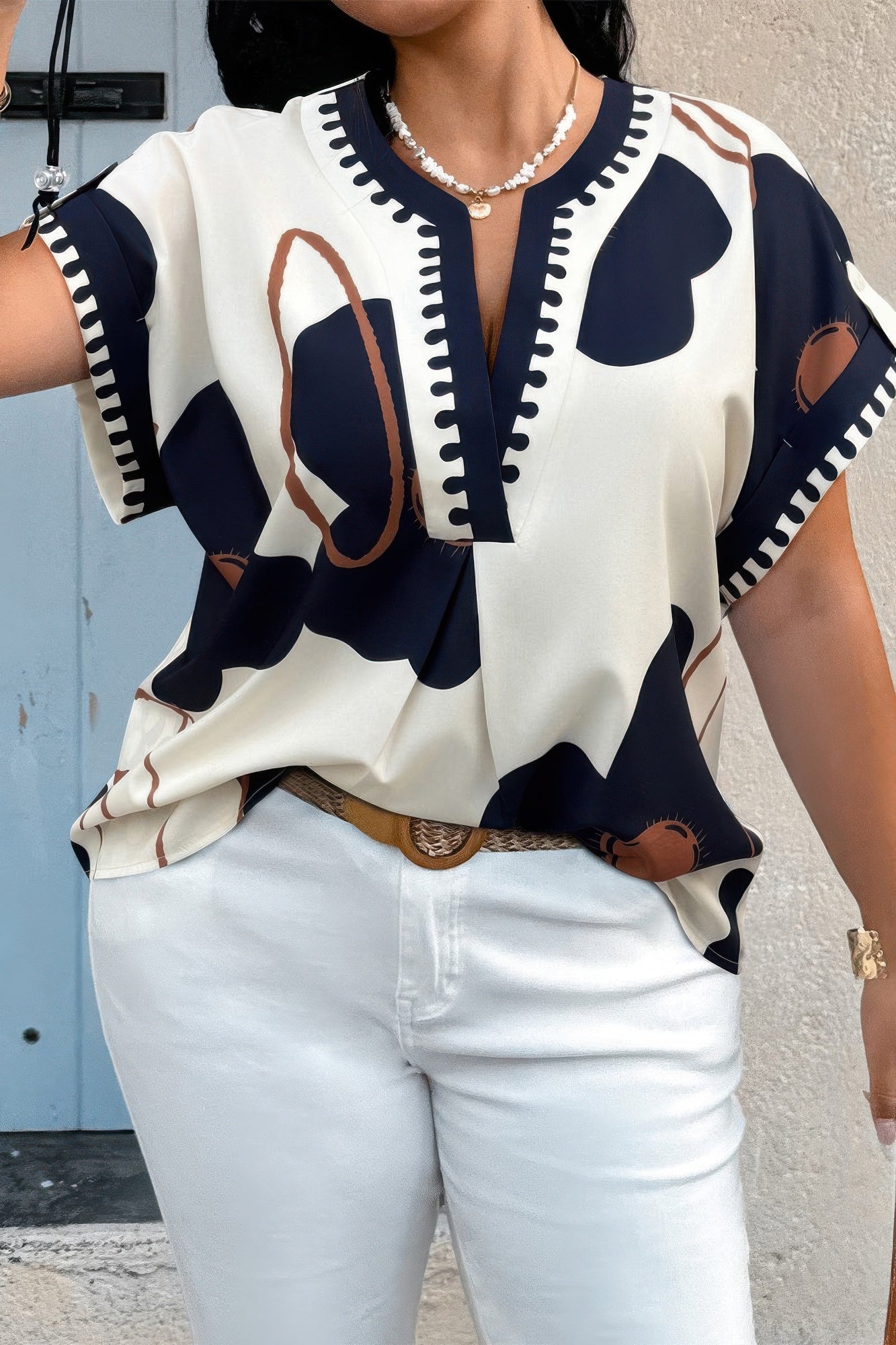 Plus Size Notch V Neck Floral Short Sleeve Shirt product image