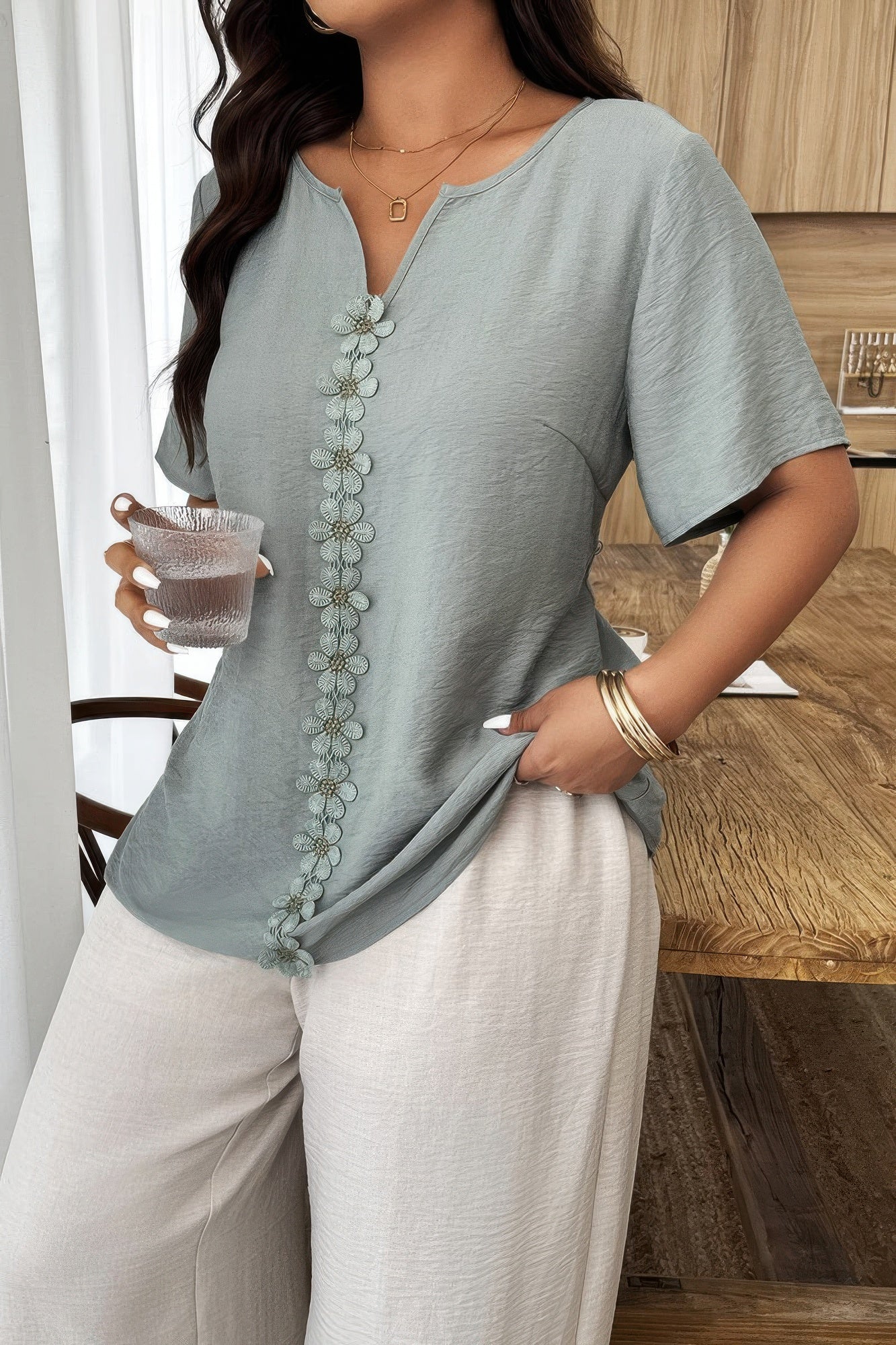 Plus Size Floral Patchwork Ruffle Trim Loose Top product image