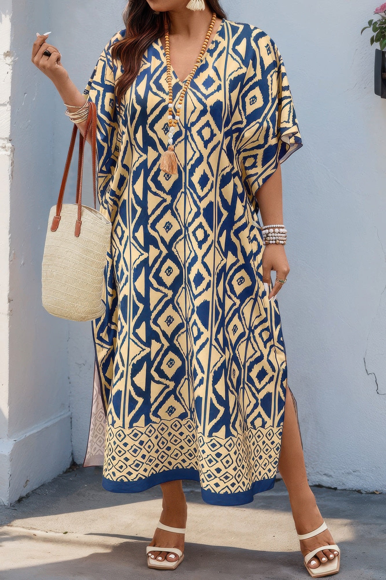Plus Size All Over Print V Neck Split Dress product image