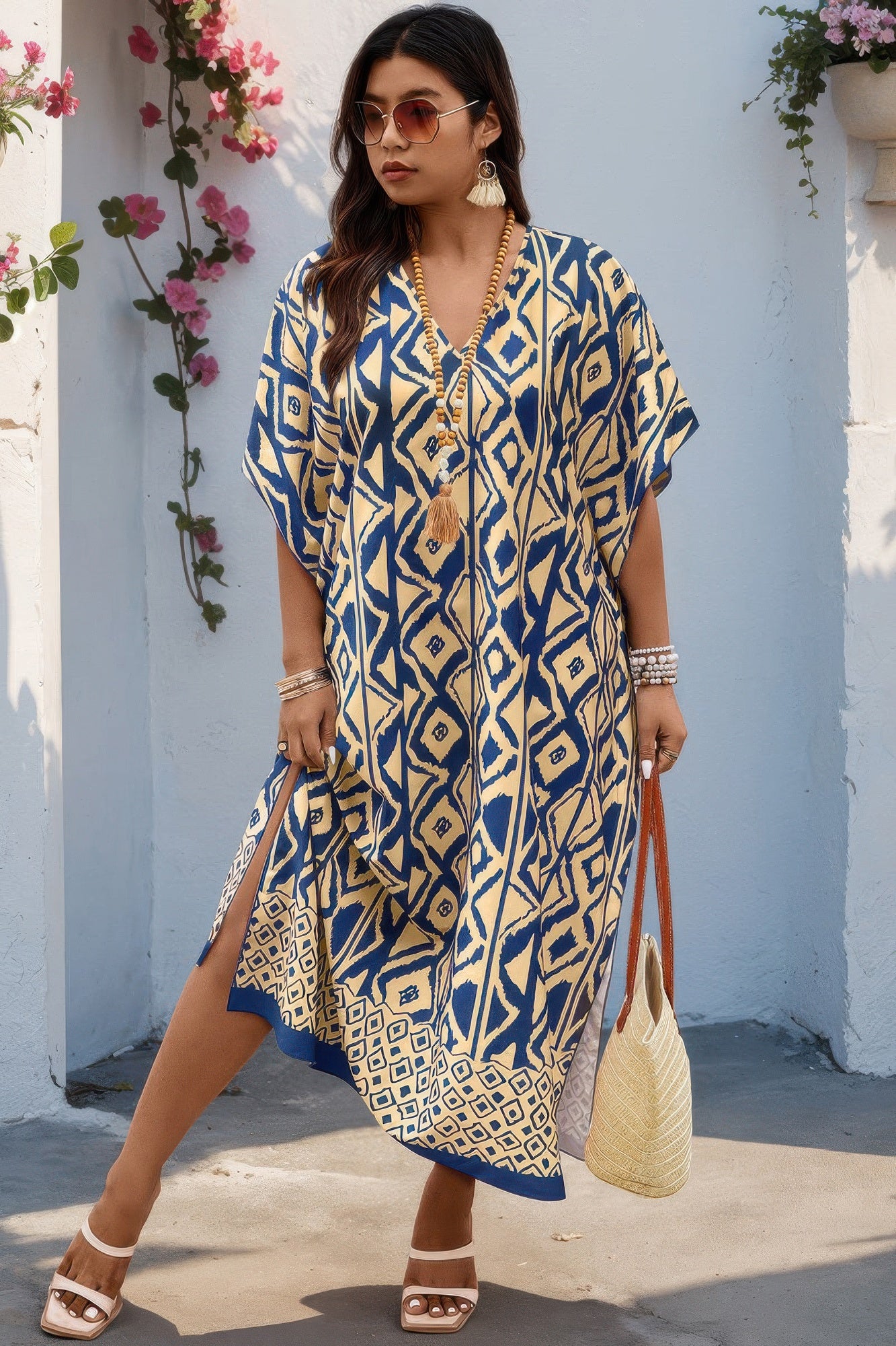 Plus Size All Over Print V Neck Split Dress product image