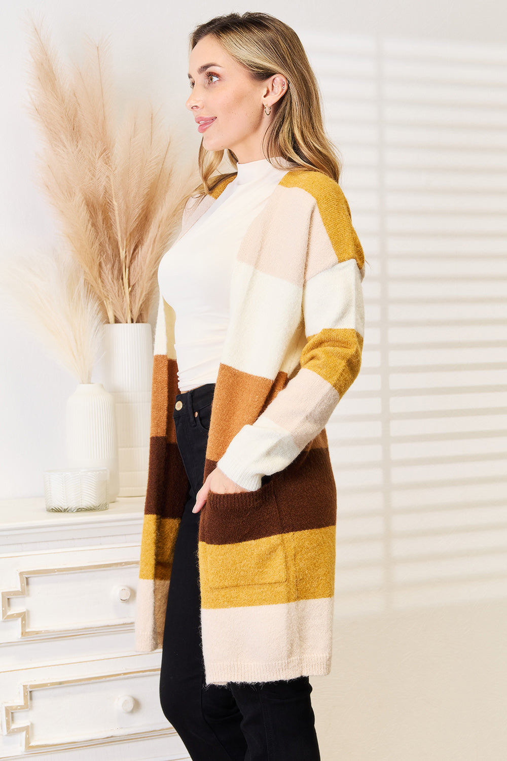 Woven Right Color Block Dropped Shoulder Cardigan Woven Right Color Block Dropped Shoulder Cardigan - TopFashionHQ